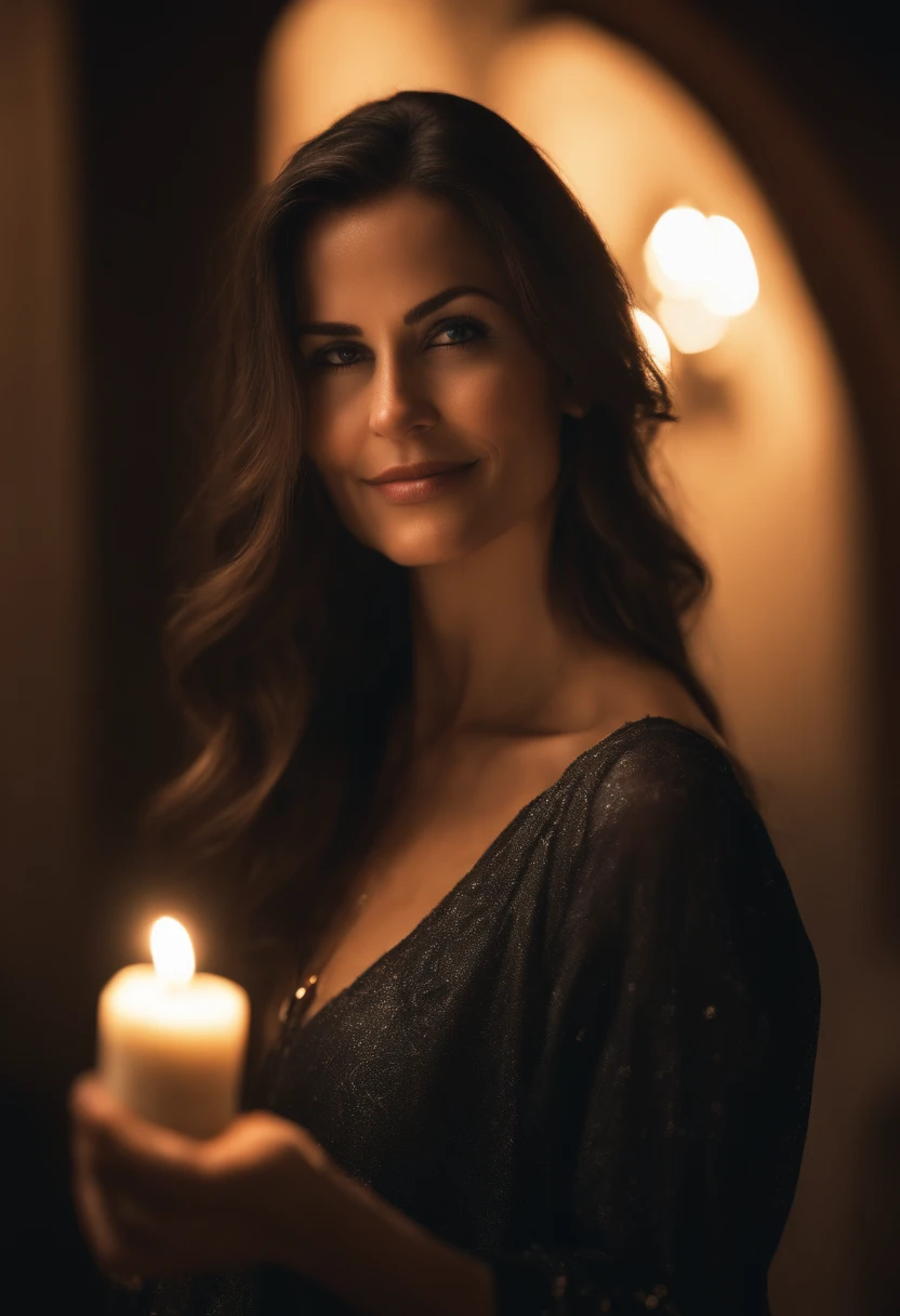 Apotheosically youthful (((full body))) girl, approximately 45 to 50 years old, ultra cool, smiling, with intense and striking brown eyes, straight hair and a silver and black gradient color, fascinating and subtle features, wearing jeans rainbow-colored, deep black blouse without bras, large breasts, in a medieval-style candle-lit environment