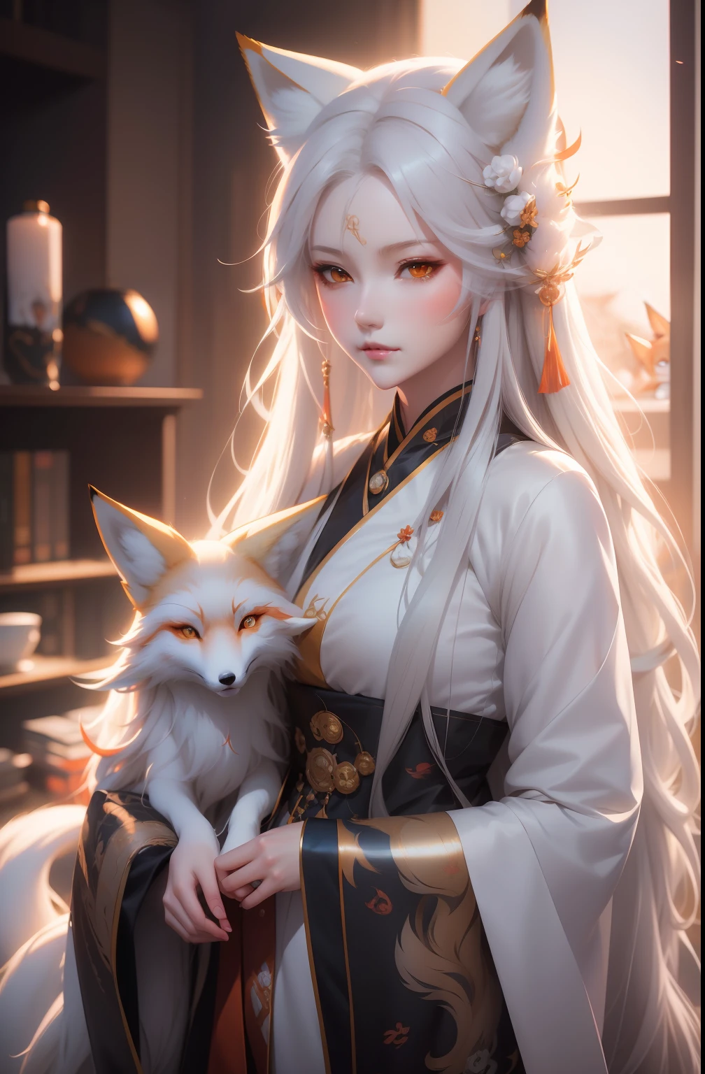 master part, Melhor, noite, 1 female, White fox with three tails, com olhar negro profundo, corpo delicado, Chinese style, China antiga, expression of wisdom and mystery, calmo, sentado, Misterioso