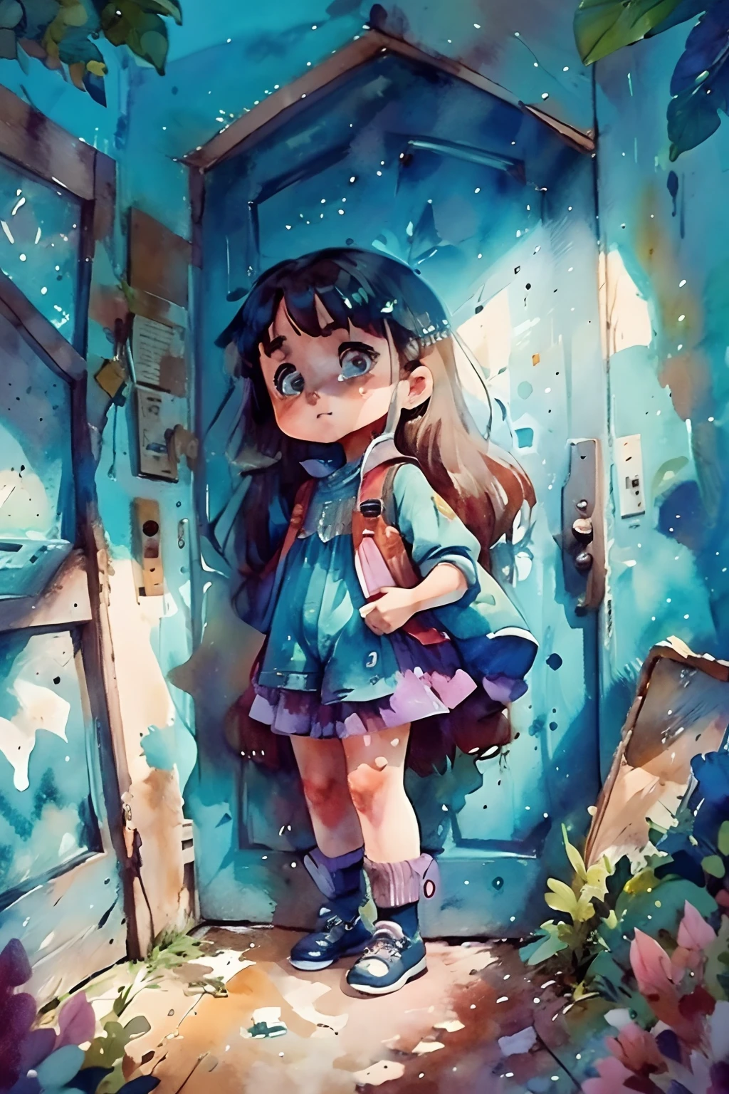 fotografia de paisagem expansiva, A child girl stands before a door to another dimension, no meio do nada, it's a colorful dimension, textura detalhada, estilo de pintura solta, detalhes intrincados, Cinematic lighting, octan render, 8k render, Volumetric lighting, Cosmos, Deep outer space, High level of detail brings to life the Cosmic Neon Style and anime elements.