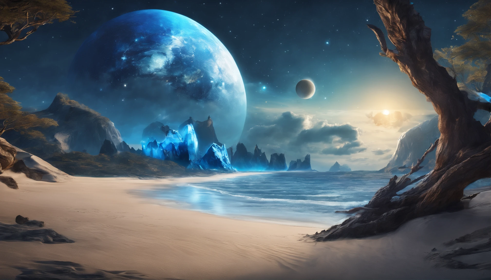 huge planet, the night, starrysky, surrealism, masutepiece, hight resolution、Impressive Milky Way:1.9、sand beach、Vast blue ocean、Blue glacier、lightning bolt:1.9、Protoplanets