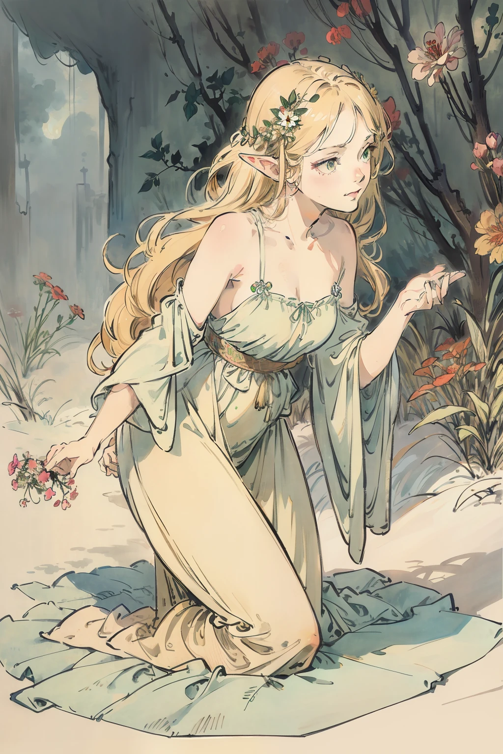 SFW,masutepiece, Best Quality, High resolution, 1girl in, Full body, Details Girl, detail hands, Detail fingers, Detail Face, detail legs, 1girl in, elf, Looking down, Flower Garden, Black sky, smog, watercolor paiting, pale skin, Petite, Blonde hair, Long hair, Wavy Hair, saddened, mournful smile, Green eyes, tareme, medium breasts, white sundress, Bare back, Kneeling, Planting trees