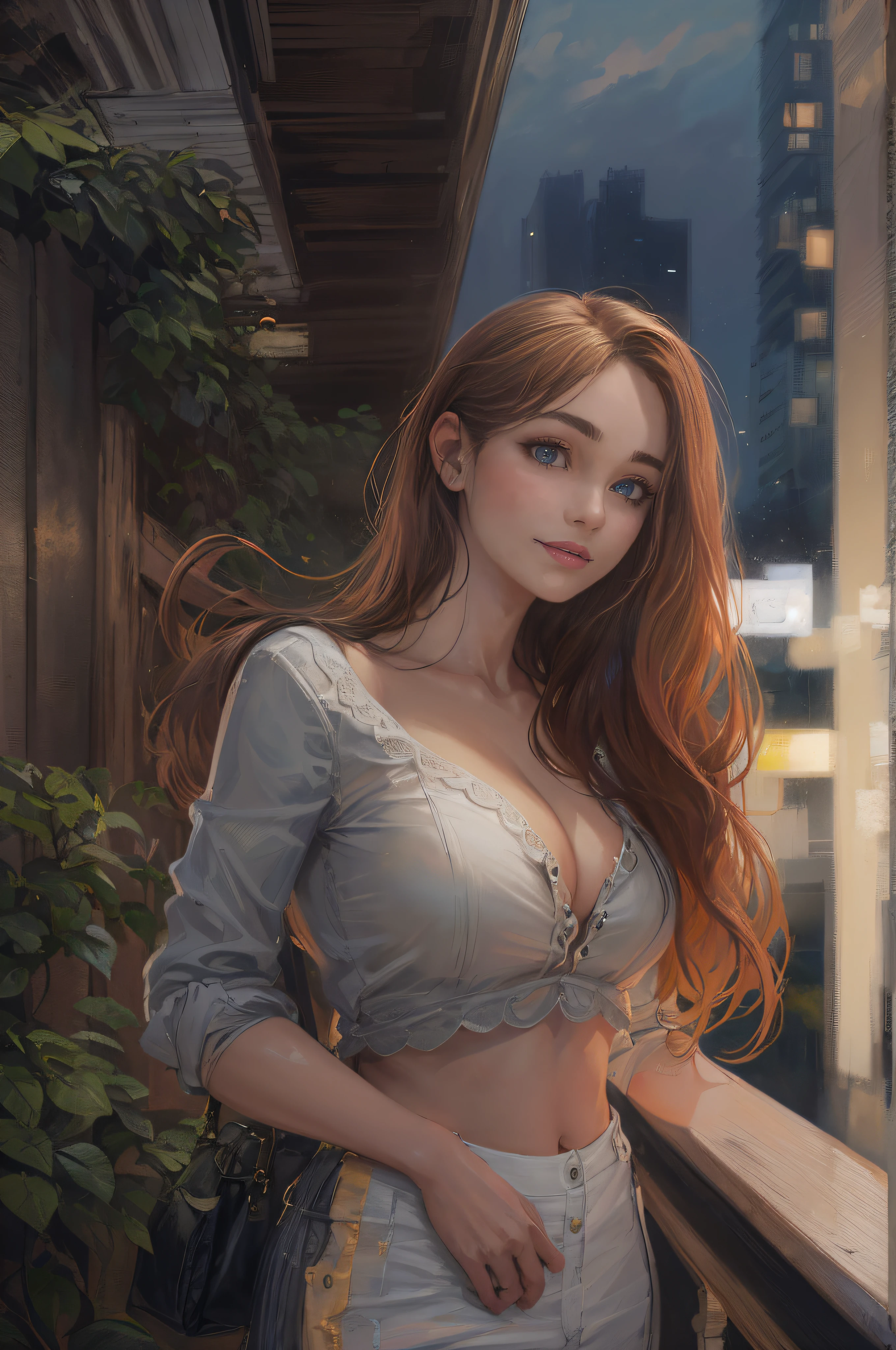 ((A beautiful and cute woman is standing on the terrace)), ((22-year-old beauty)), ((charming smile)), ((her long hair is blowing in the wind)), ((her miniskirt is It's waving in the wind)), (( You can see the cleavage of her plump bust from the blouse)), ((Gradient eyes)), ((The background is a night view of the city)), Attractive makeup, Single view, NFFSW , UHD, Retina, Masterpiece, Accurate, Anatomical, Scientifically Correct, Textured Skin, Super Detail, High Detail, High Quality, Award Winning, Top Quality, High Resolution, 1080P, HD, 4K, 8k, 16k