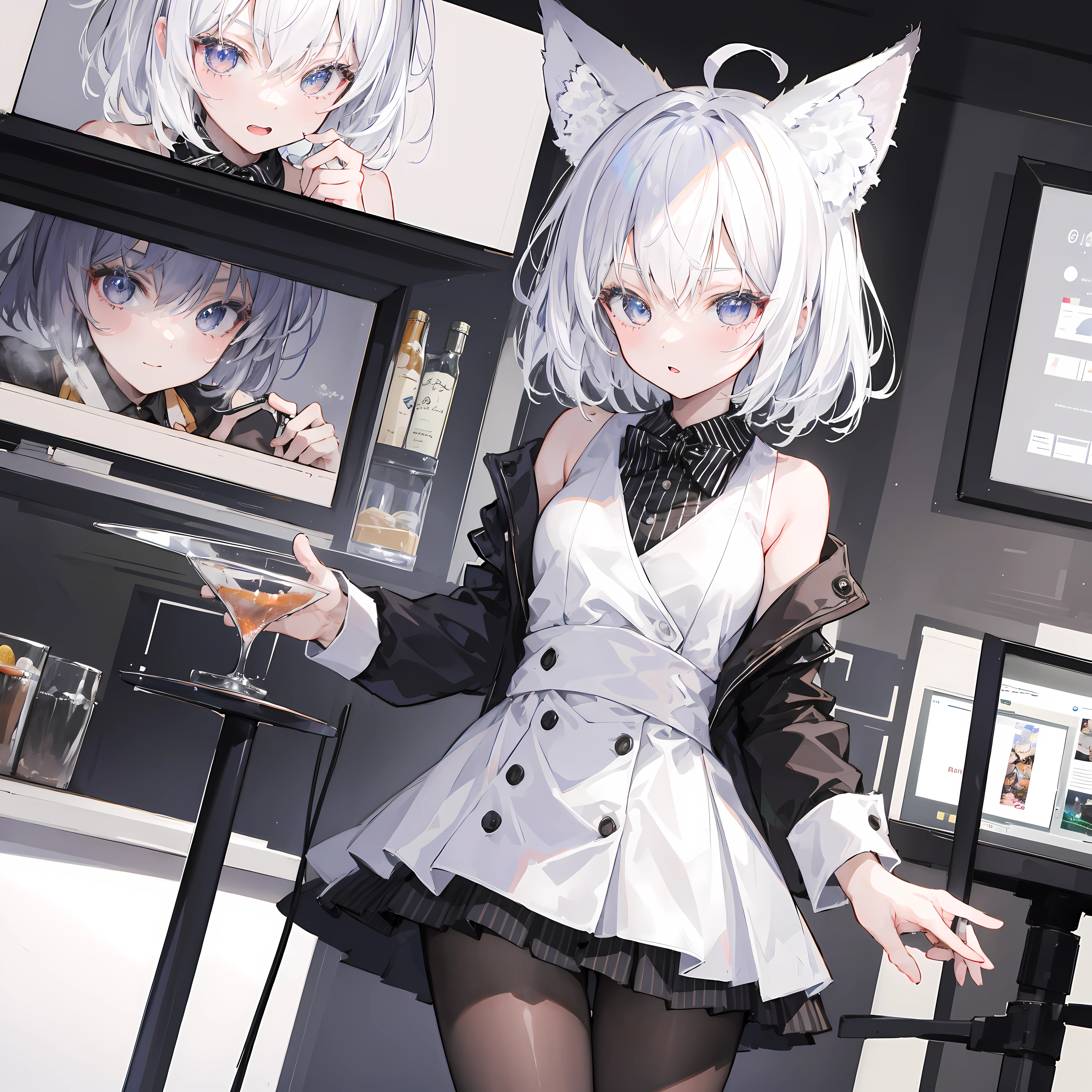 1girl, bartender, white short hair, fox ears, wearing suit, absurdres, high res, ultrasharp, 8K, masterpiece, looking at viewer