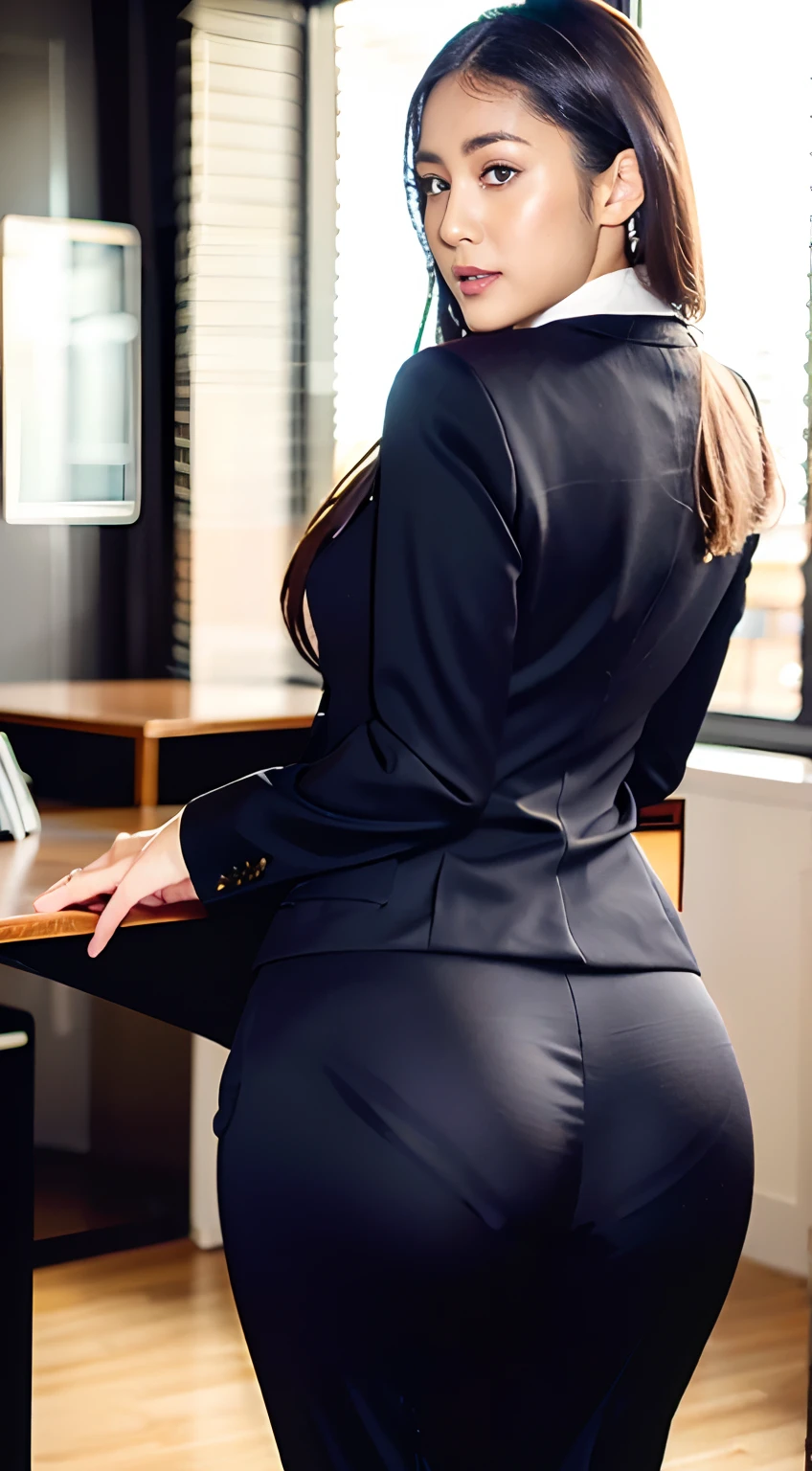 Best quality, masterpiece, ultra high res, (photorealistic:1.4), raw photo, 1girl, ((formal office suit, trouser)), ((thick thigh, protruding ass, perfect proportion)), ass emphasized, long flowing skirt, hotel background, satin suit, stunning