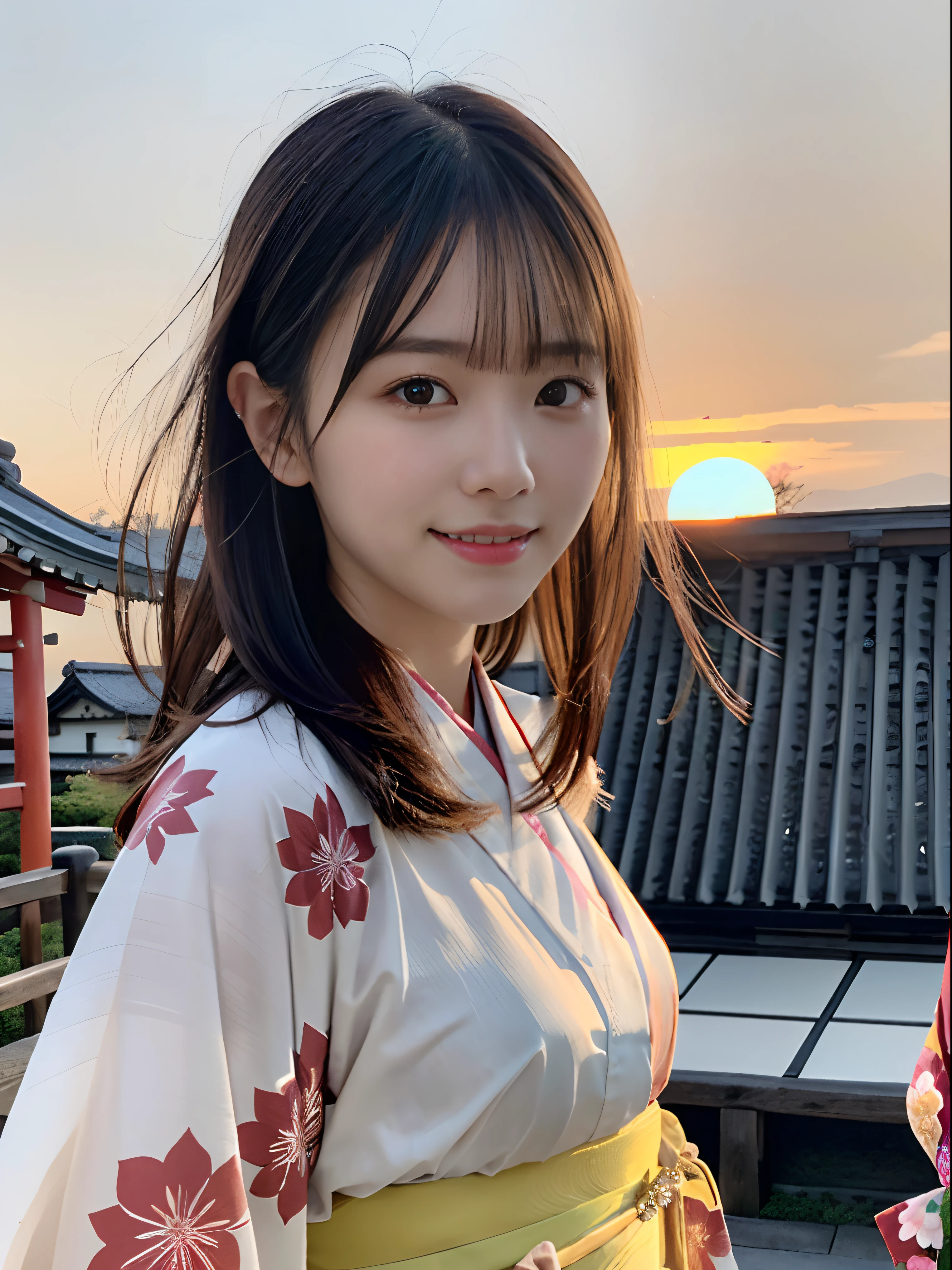 (Close up portrait of two ladies with dull bangs long hair in beautiful colorful kimono:1.5)、(Two ladies enshrining a shrine in Japan with smiles:1.3)、(A shrine in Japan with a winter sunset red sky:1.5)、(Perfect Anatomy:1.3)、(No mask:1.3)、(complete fingers:1.3)、Photorealistic、Photography、masutepiece、top-quality、High resolution, delicate and pretty、face perfect、Beautiful detailed eyes、Fair skin、Real Human Skin、pores、((thin legs))、(Dark hair)