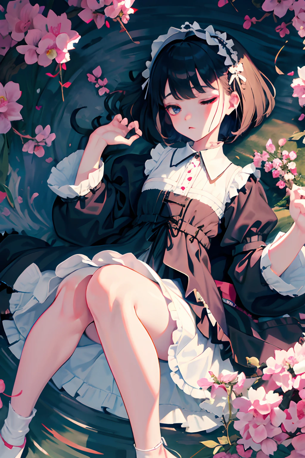 Knees,Curtsey,lift up one's skirt,child,(masterpiece,Highest Quality),(shortsleeves,White Gothic ta),Sleepy face,Round eyes,A dark-haired,Semi-long bob,bare-legged,small stream,cherry trees,undergarment