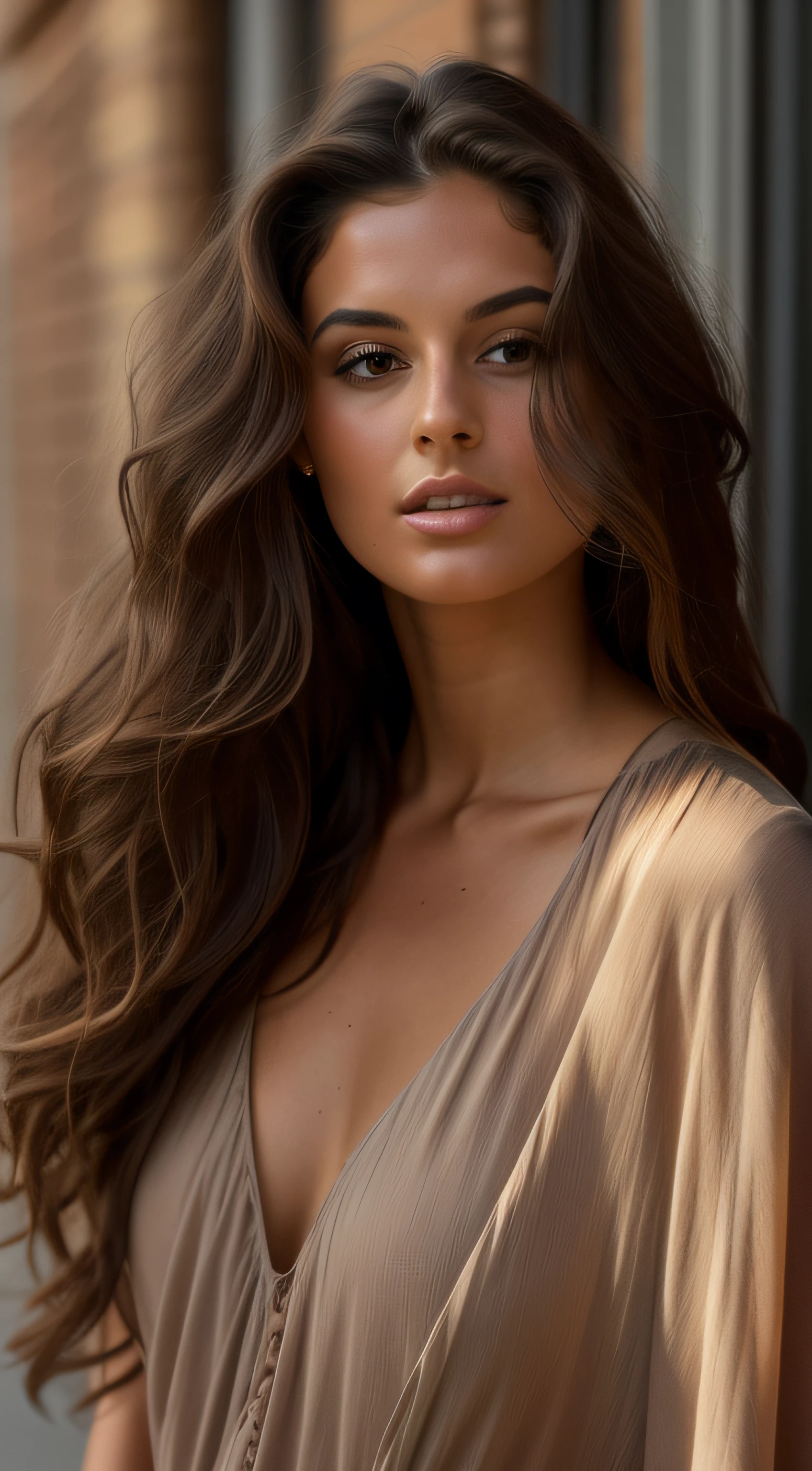 arafed woman with long brown hair and a tan dress, brown flowing hair, photo of a beautiful woman, long flowing brown hair, soft portrait shot 8 k, beautiful female model, long wavy brunette hair, gorgeous woman, dark brown flowing long hair, long glowing ethereal hair, portrait of a beautiful model, her hair flowing down, windblown dark hair