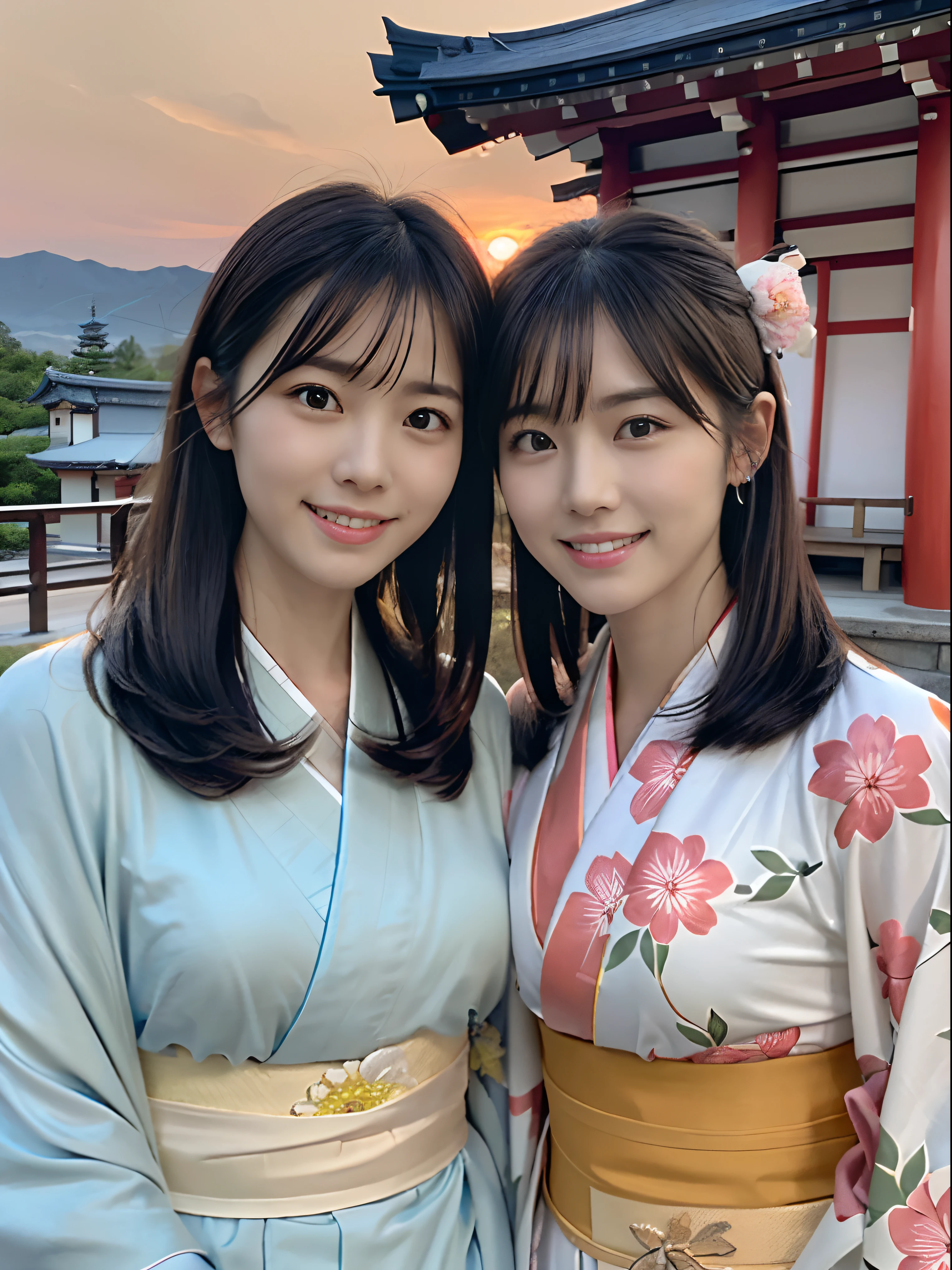 (Close up portrait of two ladies with dull bangs long hair in beautiful colorful kimono:1.5)、(Two ladies enshrining a shrine in Japan with smiles:1.3)、(A shrine in Japan with a winter sunset red sky:1.5)、(Perfect Anatomy:1.3)、(No mask:1.3)、(complete fingers:1.3)、Photorealistic、Photography、masutepiece、top-quality、High resolution, delicate and pretty、face perfect、Beautiful detailed eyes、Fair skin、Real Human Skin、pores、((thin legs))、(Dark hair)