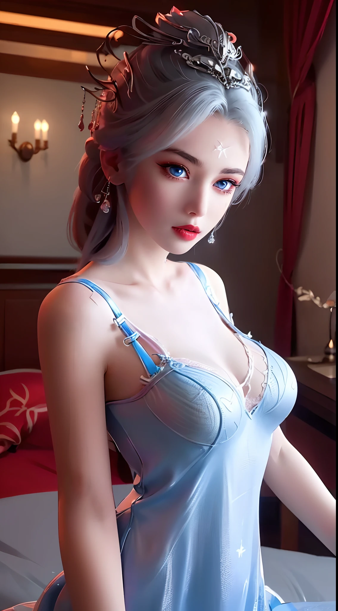 An extremely beautiful girl, (((wearing lingerie and a super thin and sexy nightgown:1.7))), long hair and silver bangs with a hint of light blue, the most beautiful and detailed hair jewelry, beautiful little face thin eyebrows, the most beautiful and spotless face, ((black iris:0.8)), the very beautiful eyes, big round eyes, ((blue color eyes:1.1)), fine and detailed makeup eyelashes, high nose, wearing earrings, small red lips, rosy face, clean face, beautiful face without blemish, smooth white skin, ((big breasts: 0.9)), Blums boobs, ((big and super round breasts:0.9)), ((super tight breasts:1.2)), ((breast augmentation: 0.8)), beautiful breasts, slim and petite body, ((thin waist: 0.9)), upper body of a beautiful girl, sexy girl, skirt, lace mesh socks to match the color of the outfit, fishnet stockings color coordinated according to the outfit, pose elegantly, elegantly, and politely, 8k photo, super high quality, super realistic, 10x super pixels, photo realistic, dark studio, border light, two tone light, (detailed skin high: 1.2), 8k uhd, dslr, soft light, high quality, volumetric light, candid, Photo, high resolution, light, best photo, 4k quality, 8k, Bokeh, Smooth and sharp, pixel up 10 times, lightning, super graphics, the most realistic graphics, (((Luxurious bedroom and bed background: 1.6))), 1 girl, alone, solo, ((frontal portrait:1.5)), Extremely sharp, super realistic images."