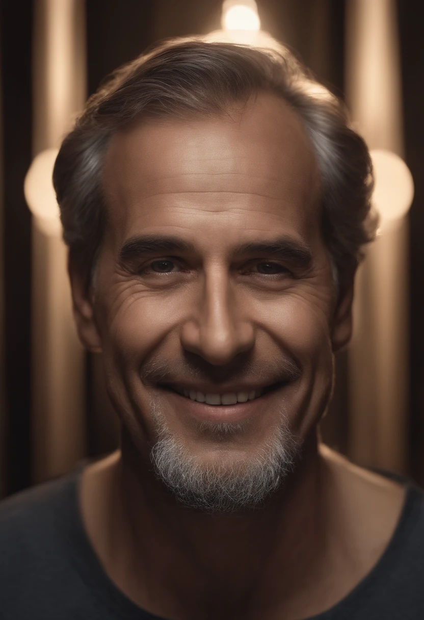 Photograph of the face of a smiling man, porte un chemisier noir, very heavy bust, cheveux courts, Watch-camera, eyes symmetrical, Simetric face, Fotorrealista, Filmmaker, Route tracking, specular lighting, Volumetric light for the face, Path traced by the hair, Ombres visibles, complexe, elaborate, hyper realistic, sitting on a throne, capuche