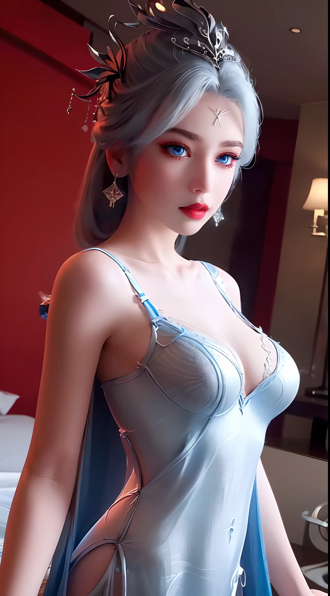 An extremely beautiful girl, (((wearing lingerie and a super thin and sexy nightgown:1.7))), long hair and silver bangs with a hint of light blue, the most beautiful and detailed hair jewelry, beautiful little face thin eyebrows, the most beautiful and spotless face, ((black iris:0.8)), the very beautiful eyes, big round eyes, ((blue color eyes:1.1)), fine and detailed makeup eyelashes, high nose, wearing earrings, small red lips, rosy face, clean face, beautiful face without blemish, smooth white skin, ((big breasts: 0.9)), Blums boobs, ((big and super round breasts:0.9)), ((super tight breasts:1.2)), ((breast augmentation: 0.8)), beautiful breasts, slim and petite body, ((thin waist: 0.9)), upper body of a beautiful girl, sexy girl, skirt, lace mesh socks to match the color of the outfit, fishnet stockings color coordinated according to the outfit, pose elegantly, elegantly, and politely, 8k photo, super high quality, super realistic, 10x super pixels, photo realistic, dark studio, border light, two tone light, (detailed skin high: 1.2), 8k uhd, dslr, soft light, high quality, volumetric light, candid, Photo, high resolution, light, best photo, 4k quality, 8k, Bokeh, Smooth and sharp, pixel up 10 times, lightning, super graphics, the most realistic graphics, (((Luxurious bedroom and bed background: 1.6))), 1 girl, alone, solo, ((frontal portrait:1.5)), Extremely sharp, super realistic images."