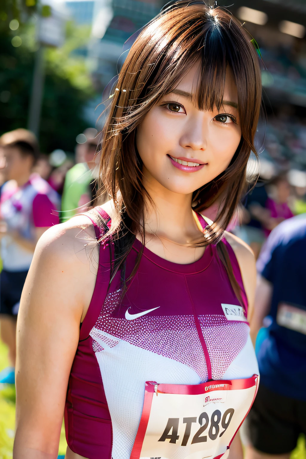 (8K、Raw photography、最好的质量、A masterpice:1.2)、(Realstic、photorealestic:1.37)、ultra -detailed、ultra-high-resolution、1人、see the beholder、Beautiful detailed face、smile on face、Constriction、(Slim waist) :1.3)、shirts、Beautiful detailed skin、Skin texture、Floating hair、Professional lighting、Haut du corps、Whole human body、Longhaire、a blond、Women's Marathon Uniforms、Athletics Stadium