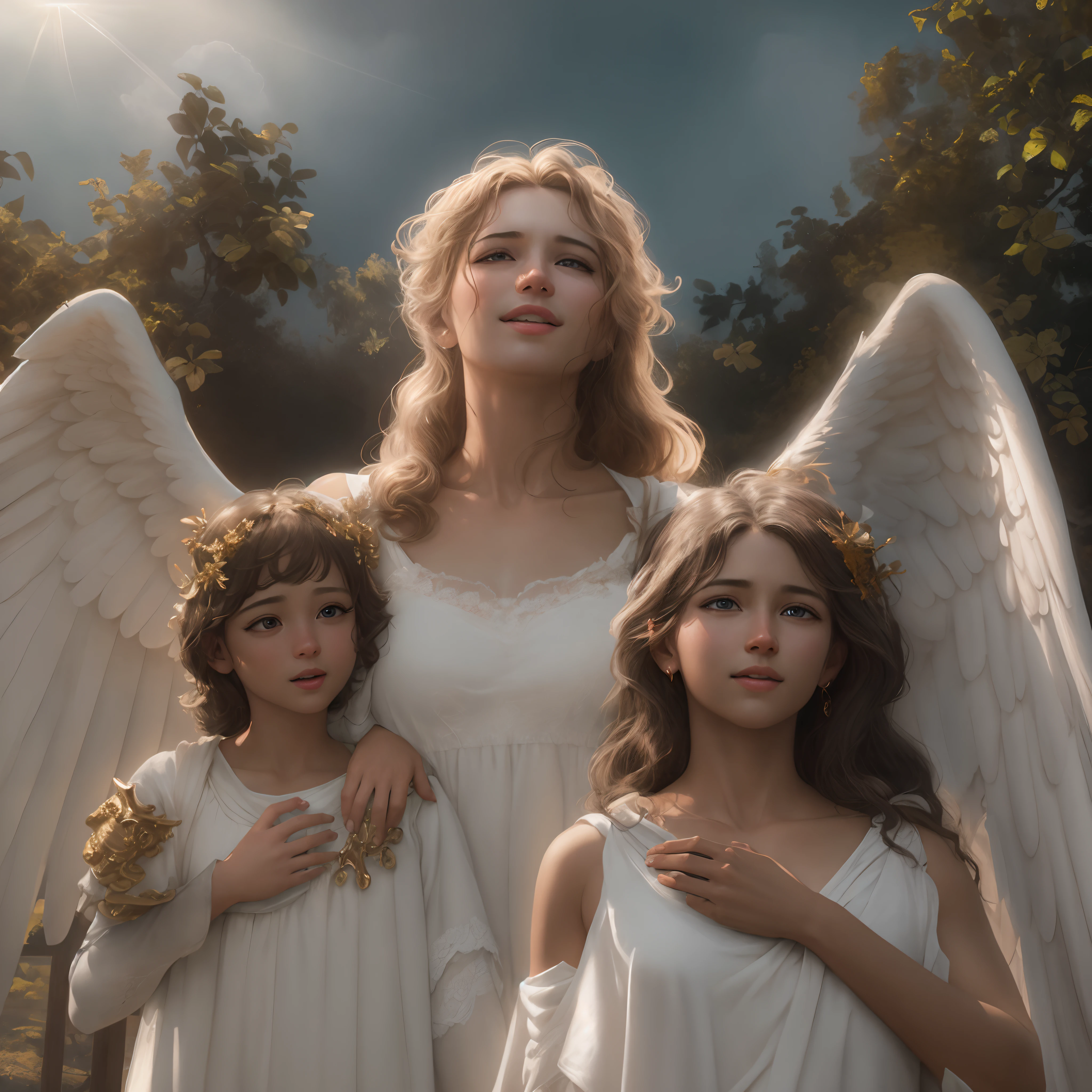 Top quality masterpieces in 8K, Featuring real people. The realism is impressive, In highly detailed CG, Glossy skin, and fully focused.
break
Set in Heaven, Filled with the glory and shining light of God.
break
Angels exude a sense of blessing and happiness.