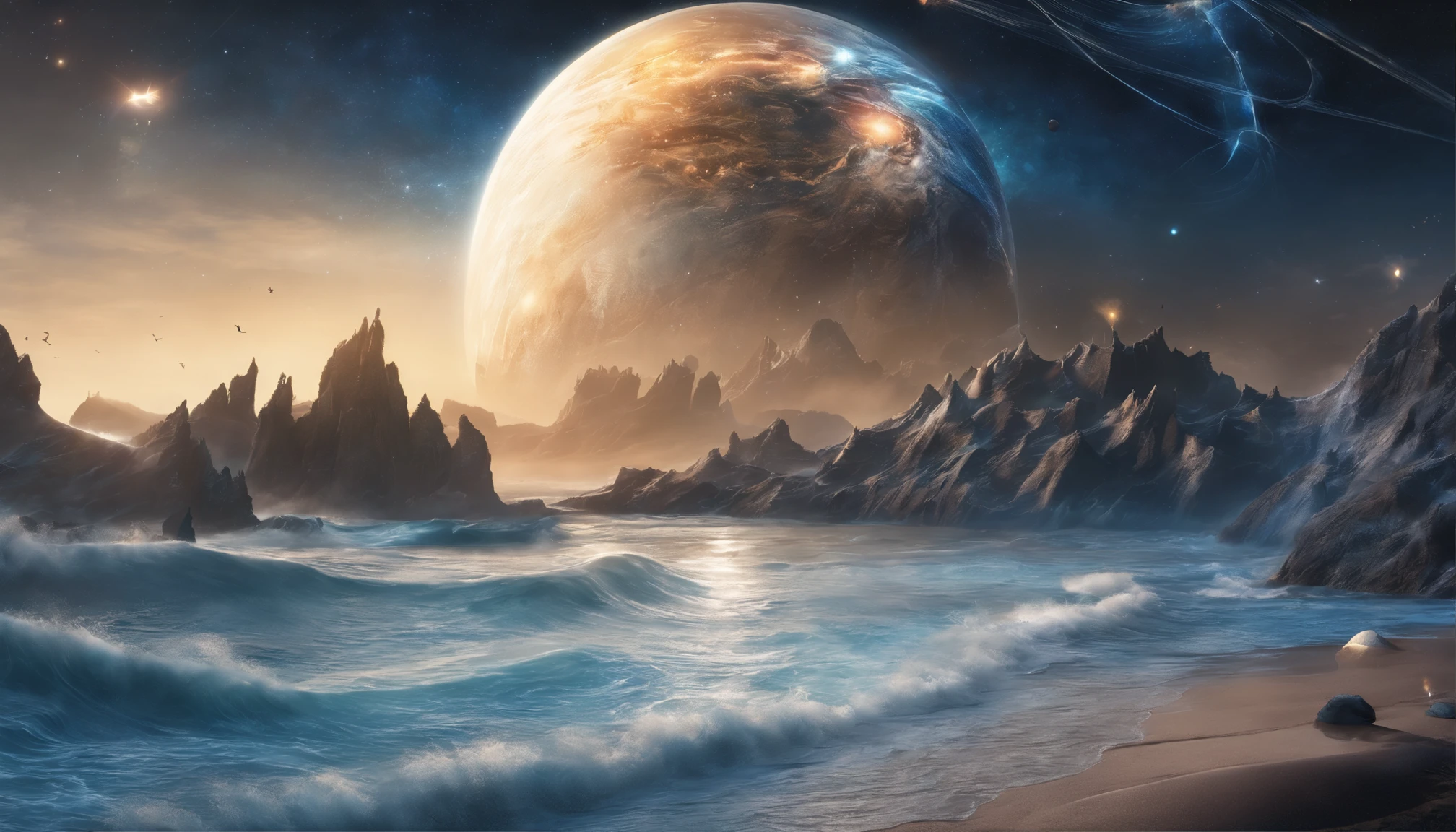 huge planet, the night, starrysky, surrealism, masutepiece, hight resolution、Impressive Milky Way:1.9、sand beach、Vast blue ocean、Blue glacier、lightning bolt:1.9、Protoplanets