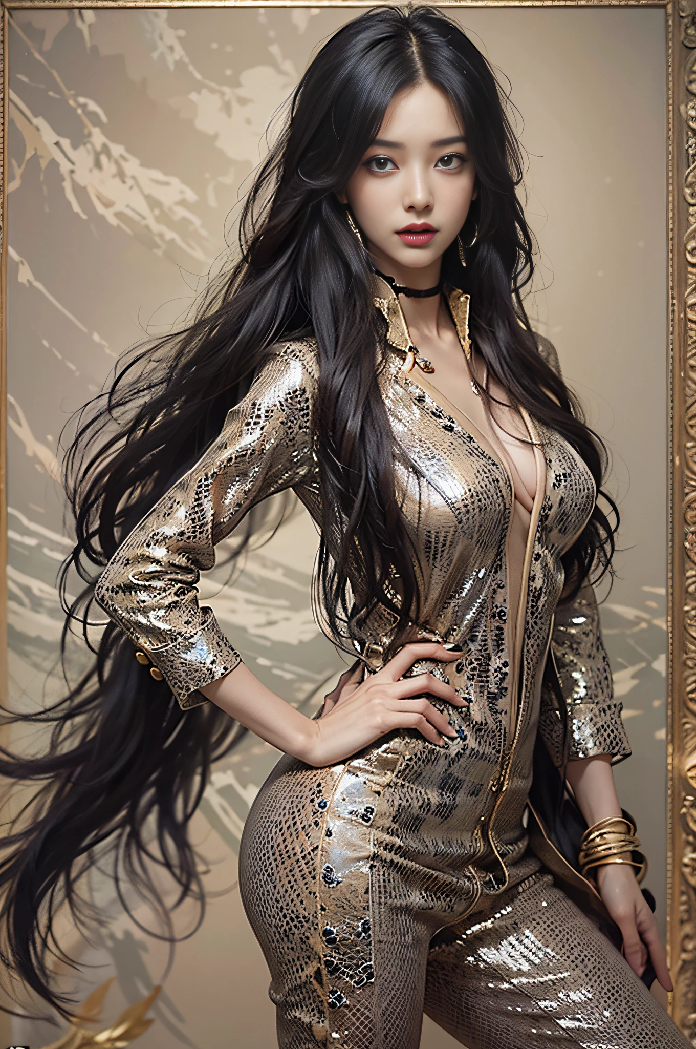 Jennie as a vampire with very long and beautiful black hair, small waist, big breasts, black dress with gold details, long dress, beautiful and luxurious background, beautiful woman, long long hair 
