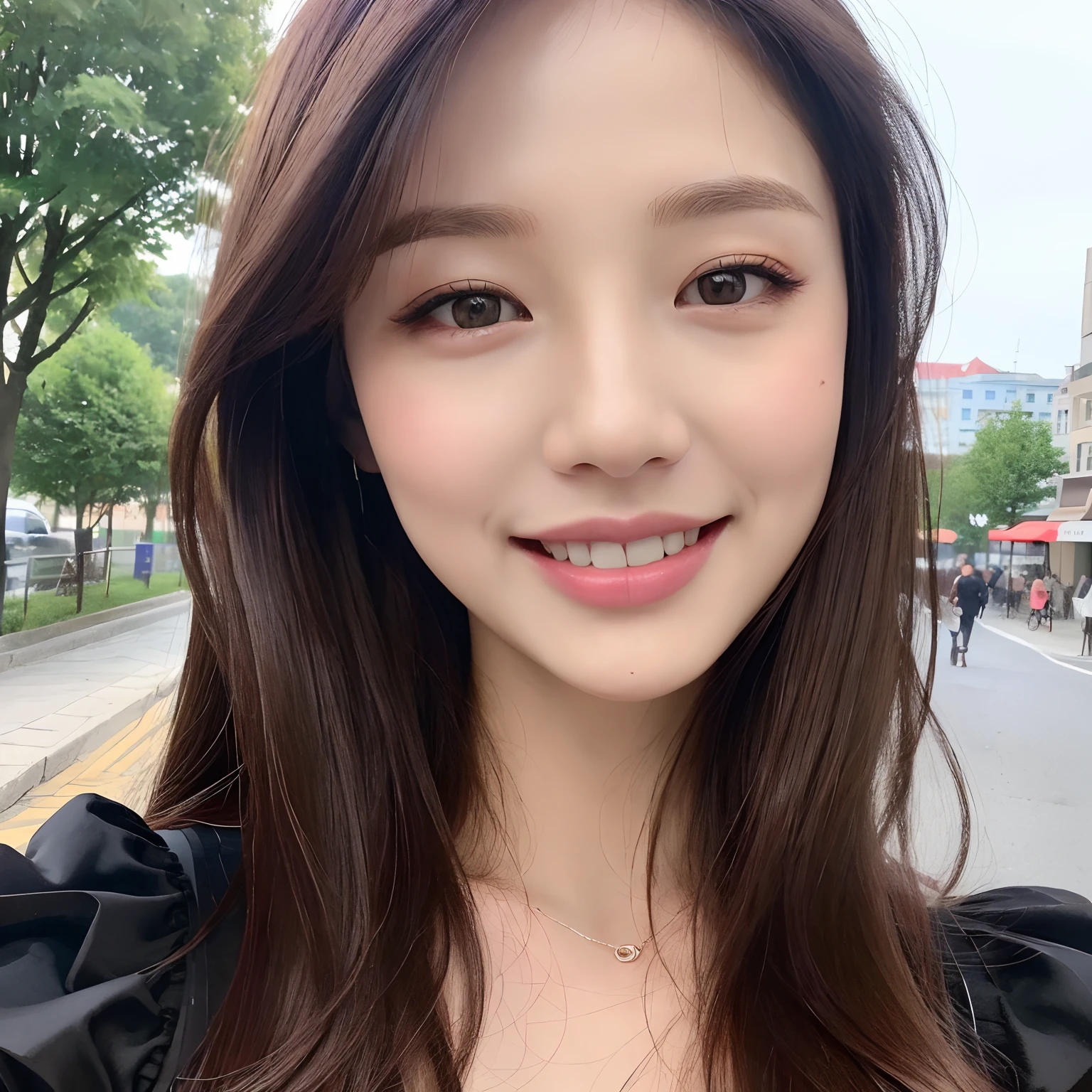 ((Best quality, 8k, Masterpiece :1.3)), 1girl, smiling, full body, slim face, Pretty woman, (Dark brown hair), full length dress :1.1, Ultra-detailed face, Detailed eyes, Double eyelid, blur background, slim face, city, outside, street,