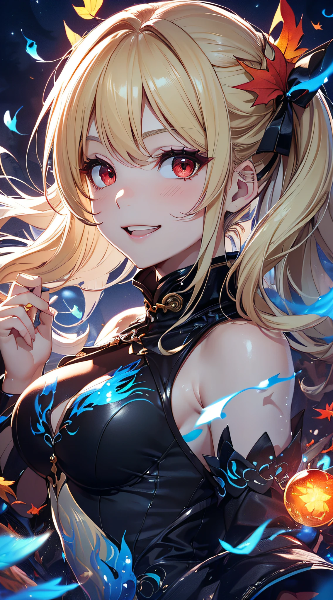 top-quality、Top image quality、​masterpiece、girl with((18year old、Black and red cheongsam、Best Bust、Bust 90、Blonde twintails、Red Eyes、open chest wide、Valley、Happiness、A slender、ssmile、Blue aura on both arms、Glass Hair Fastening、Reflecting the whole body、fighting poses)）hiquality、Beautiful Art、Background with((Park of autumn leaves at night、Floating blue fireball、Fantastic world、blue flames、Fire Dragon))、masutepiece、Elaborate design、visualart、