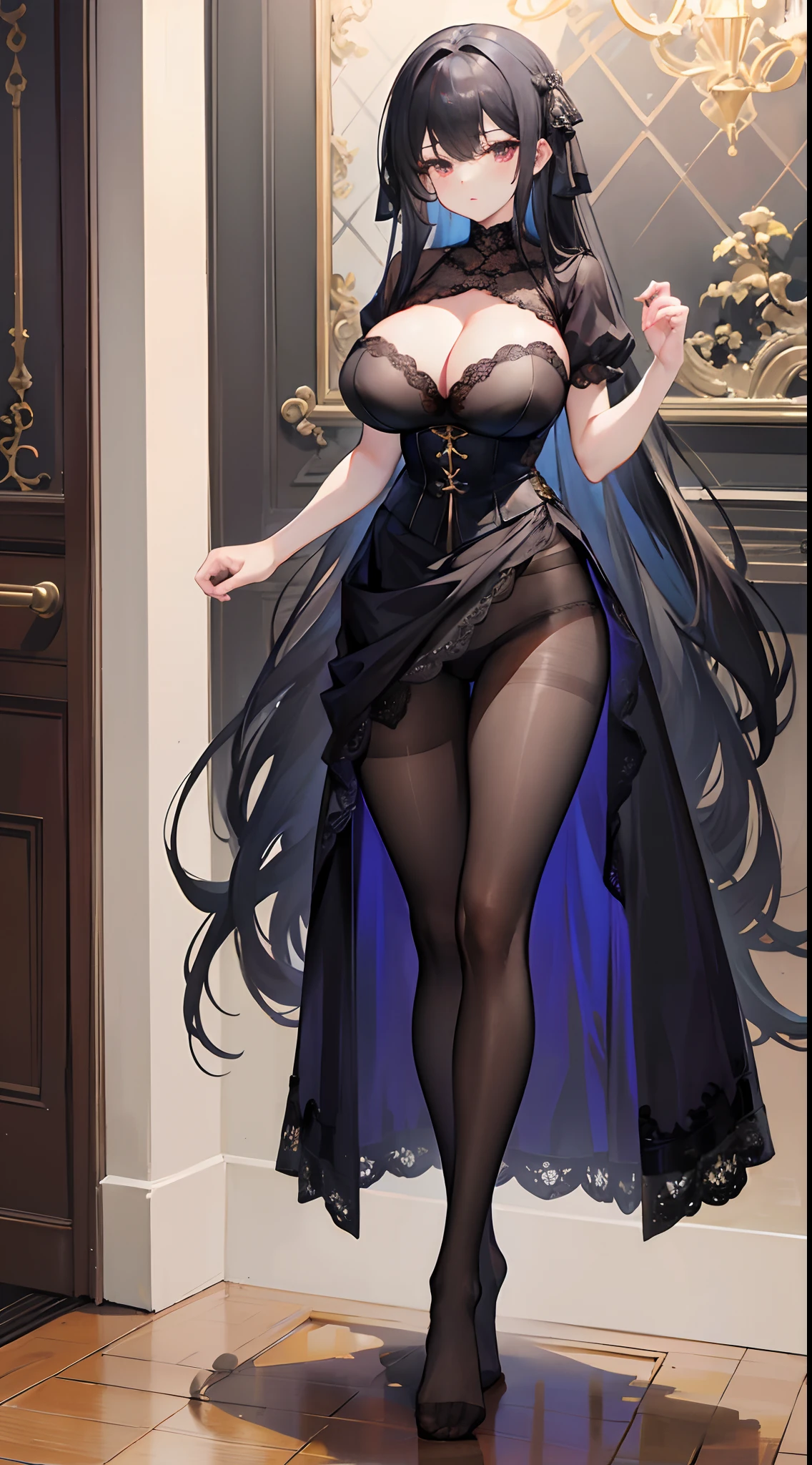 （Huge tits：1.5）,breasts focus，，cabelos preto e longos，lacepantyhose，no shoes,Full body like，(Best quality, Masterpiece: 1.1), (lacepantyhose: 1.4), 1 girl, The entire body of the machine, Long hair, Interior of a classical castle, Black corset, Messy clothes,Lace bra， Panties