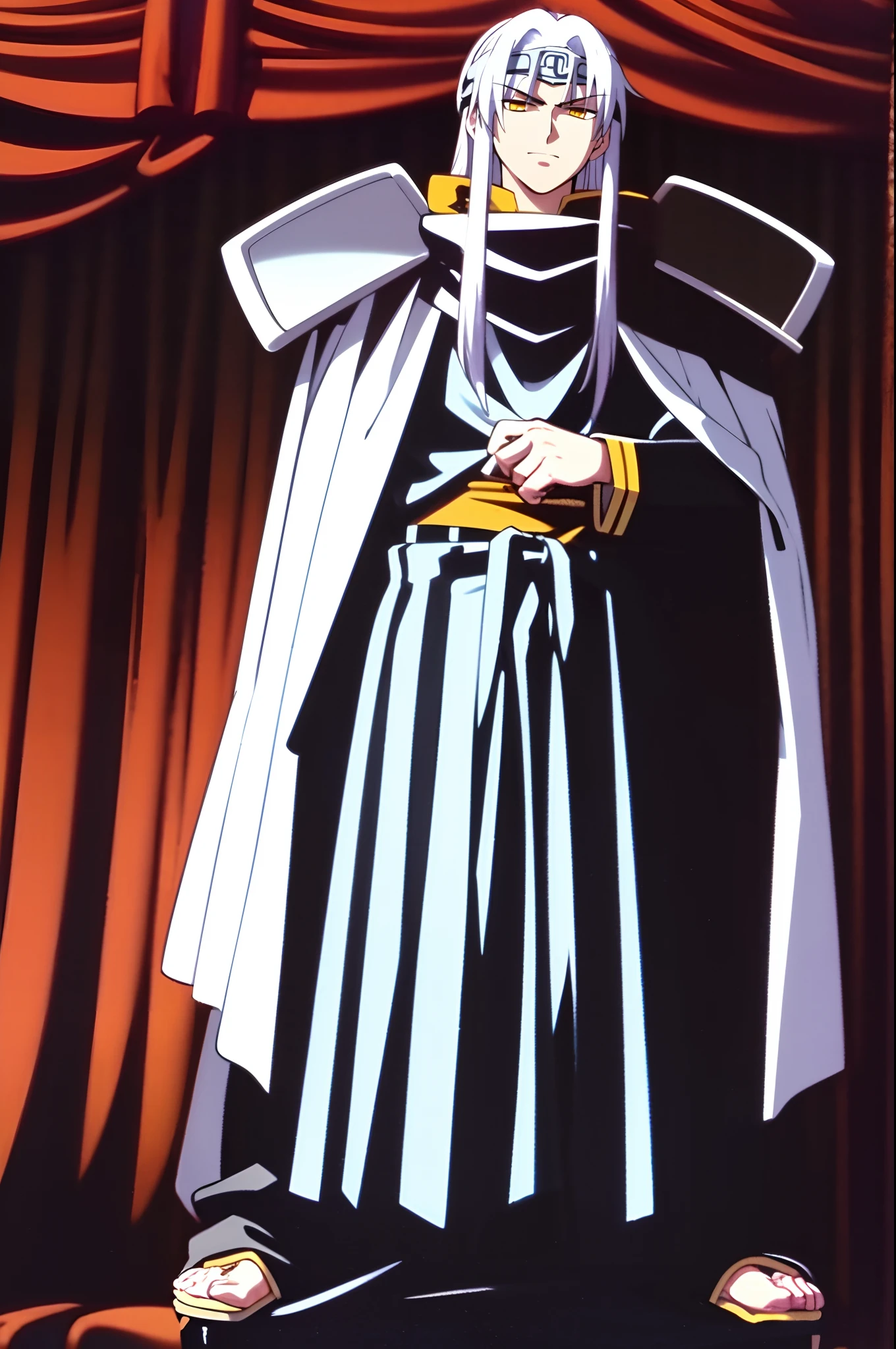 silver hair, long hair, yellow eyes, bandana, militari uniform, cape, tall,scarf, full body, flipflops, 1boy, long sleeves, solo, solo focus