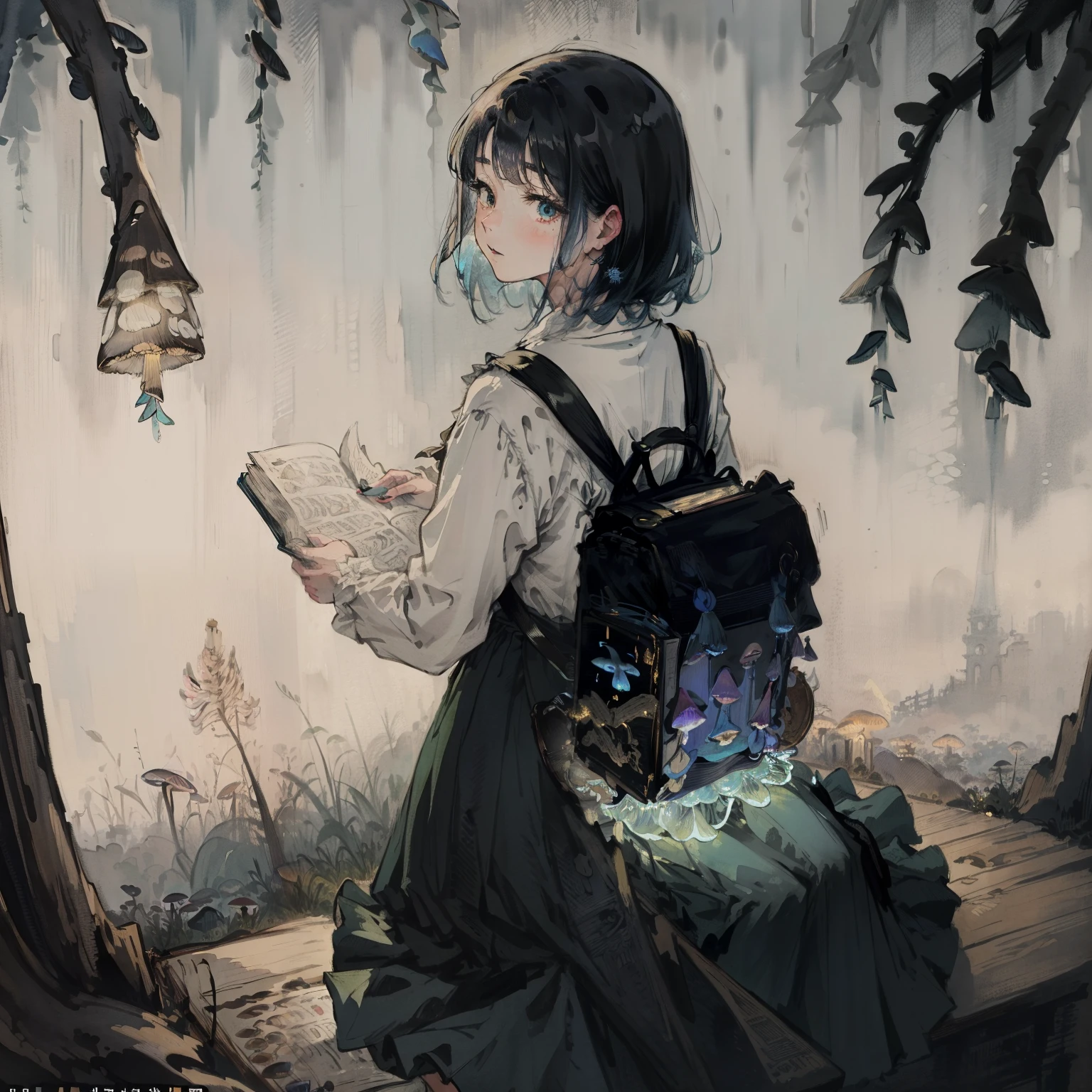 Beautiful and aesthetic,, Solo,Cute,Aqua blue hair,pleatedskirt，Dance，Cogumelos，Mushrooms，Huge mushrooms，spore，(glowing ambiance, enchanting glow, luminouslighting, Ethereal atmosphere,Watercolor illustration, Perfect anatomy, Masterpiece, Best quality, 1girll, ****,elementary student,bookbag，Nature, landscape