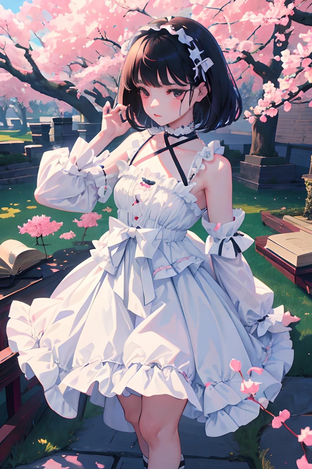 Knees，Standing，(Curtsey，skirt rift)，，（​masterpiece，Highest Quality），(White Gothic Lolita，summer clothing，no sleeves，Shoulder out)，Sleepy face，Round eyes，A dark-haired，Semi-long bob，bare-legged，Tatami mats，cherry trees，undergarment