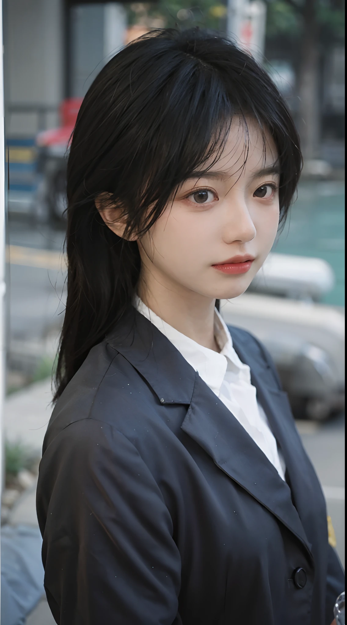 best qualtiy,tmasterpiece,超高分辨率,(realisticlying:1.4),Close-up of a woman standing by the water in a suit, Beautiful young Korean woman,