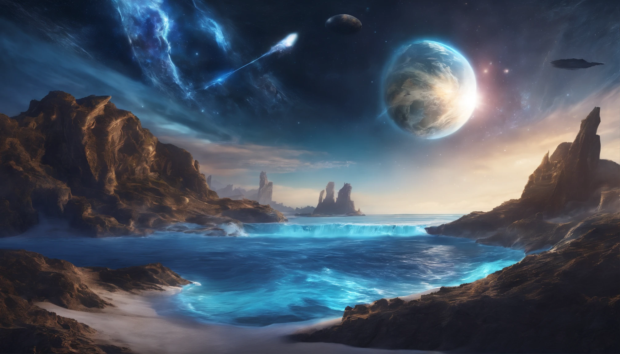 huge planet, the night, starrysky, surrealism, masutepiece, hight resolution、Impressive Milky Way:1.9、sand beach、Vast blue ocean、Blue glacier、lightning bolt:1.9、Protoplanets