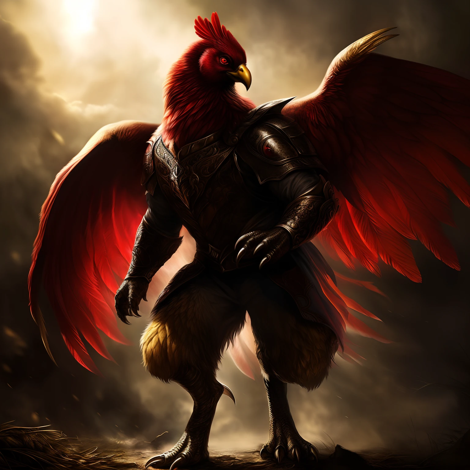 (Best Quality,Ultra-detailed,Realistic:1.37)、anthology、 Furious chickens, Solo, Hen woman in armor, Atrocious、cruel、offensive、Evil face、sharp claws、Detailed red eyes,human sized、The arms are wings、sharp beak、Standing, (realistic fur, furr, realistic fur texture:1), Horror movie lighting、(Full body:1.8)