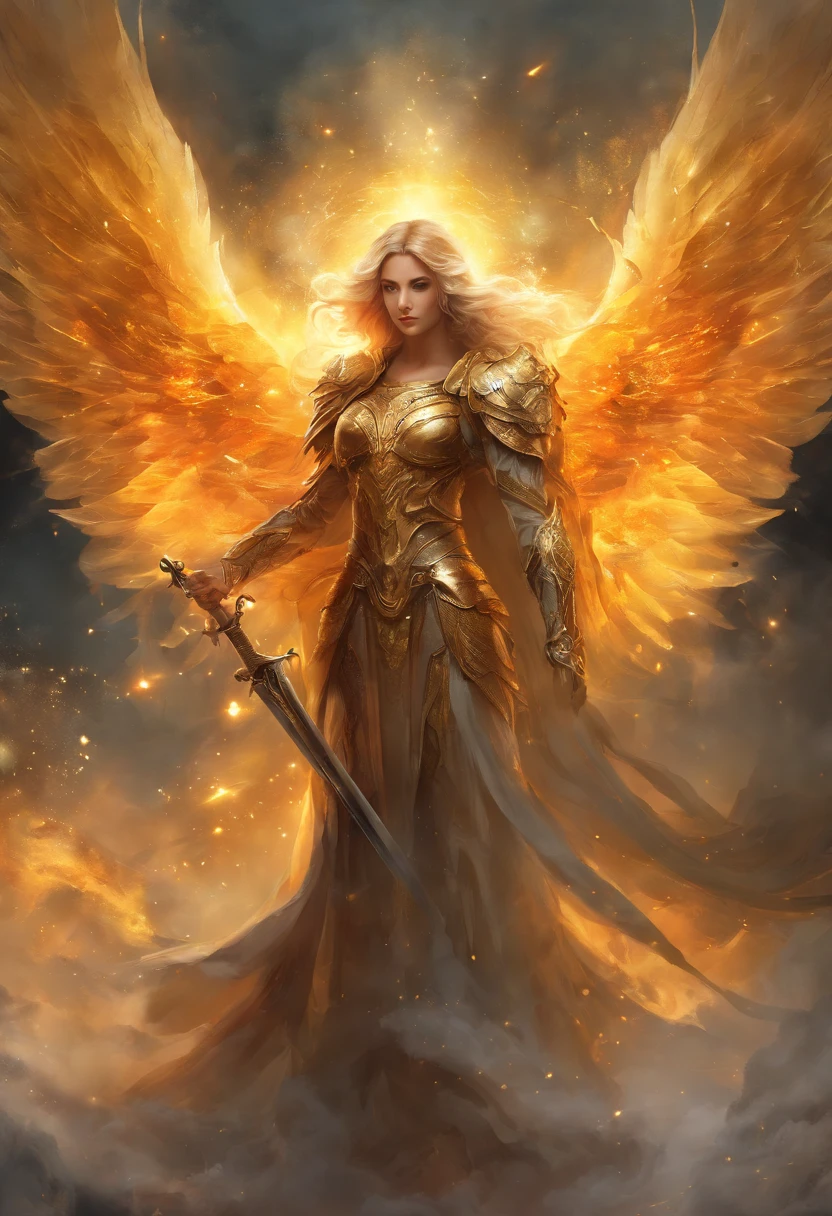 Ultra-realistic angelic figure: A golden angel with wings spread with a fiery sword in his hand in a gloomy, dark smoke setting