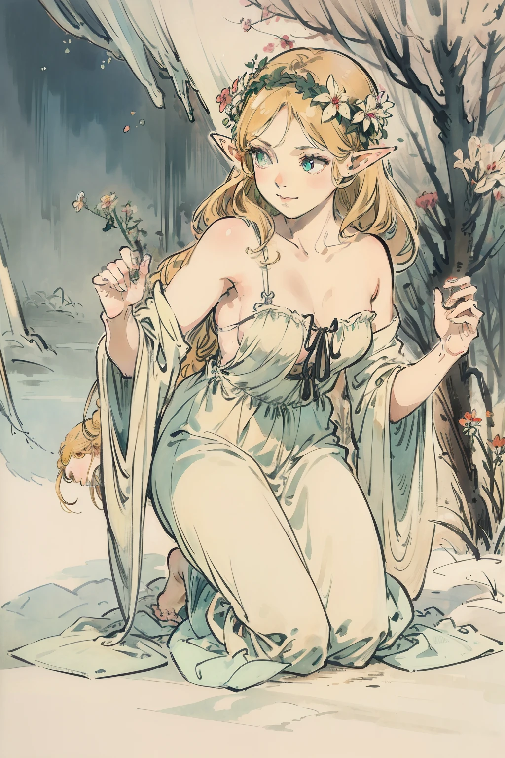 SFW,masutepiece, Best Quality, High resolution, 1girl in, Full body, Description Girls, detail hands, Detail fingers, Detail Face, detail legs, 1girl in, elf, Looking down, Flower Garden, Black sky, smog, watercolor paiting, pale skin, Petite, Blonde hair, Long hair, Wavy Hair, saddened, mournful smile, Green eyes, tareme, medium breasts, white sundress, Bare back, Kneeling, tree planting