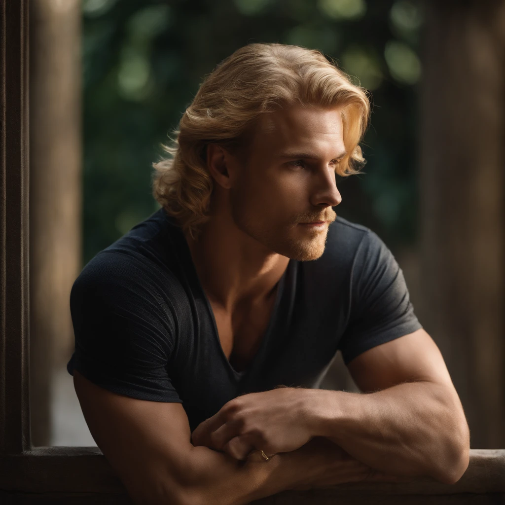 White man with golden blonde hair. His physique is vigorous, It should be large. In dem Szenario muss er sich an die Wand lehnen. Er sollte ohne Hemd und nur mit einem Badetuch um die Taille sein.