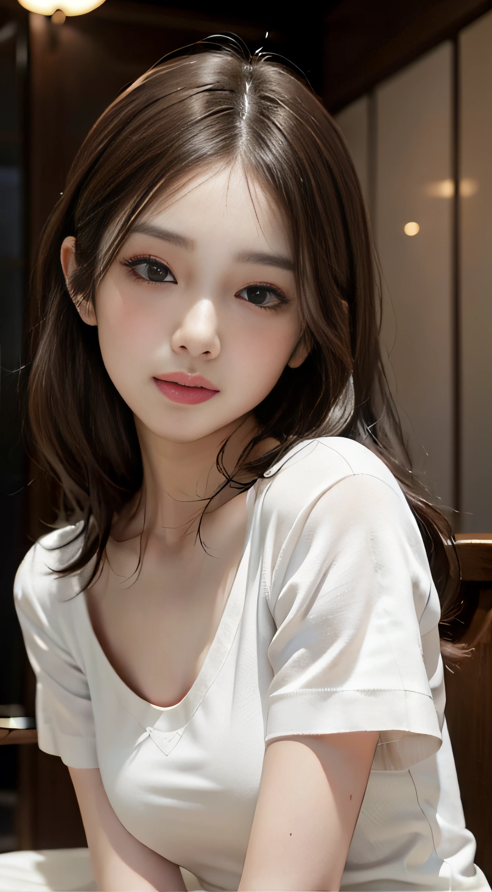 (Photorealistic),(Masterpiece),(ultra-detailed),a very close shot of very pretty tall idol girl but so busy that she had starved for a month so very close to fainting but somehow stays conscious for her fans and has extremely thin which are just bones and thinner than sticks and she is wearing a crop tshirt