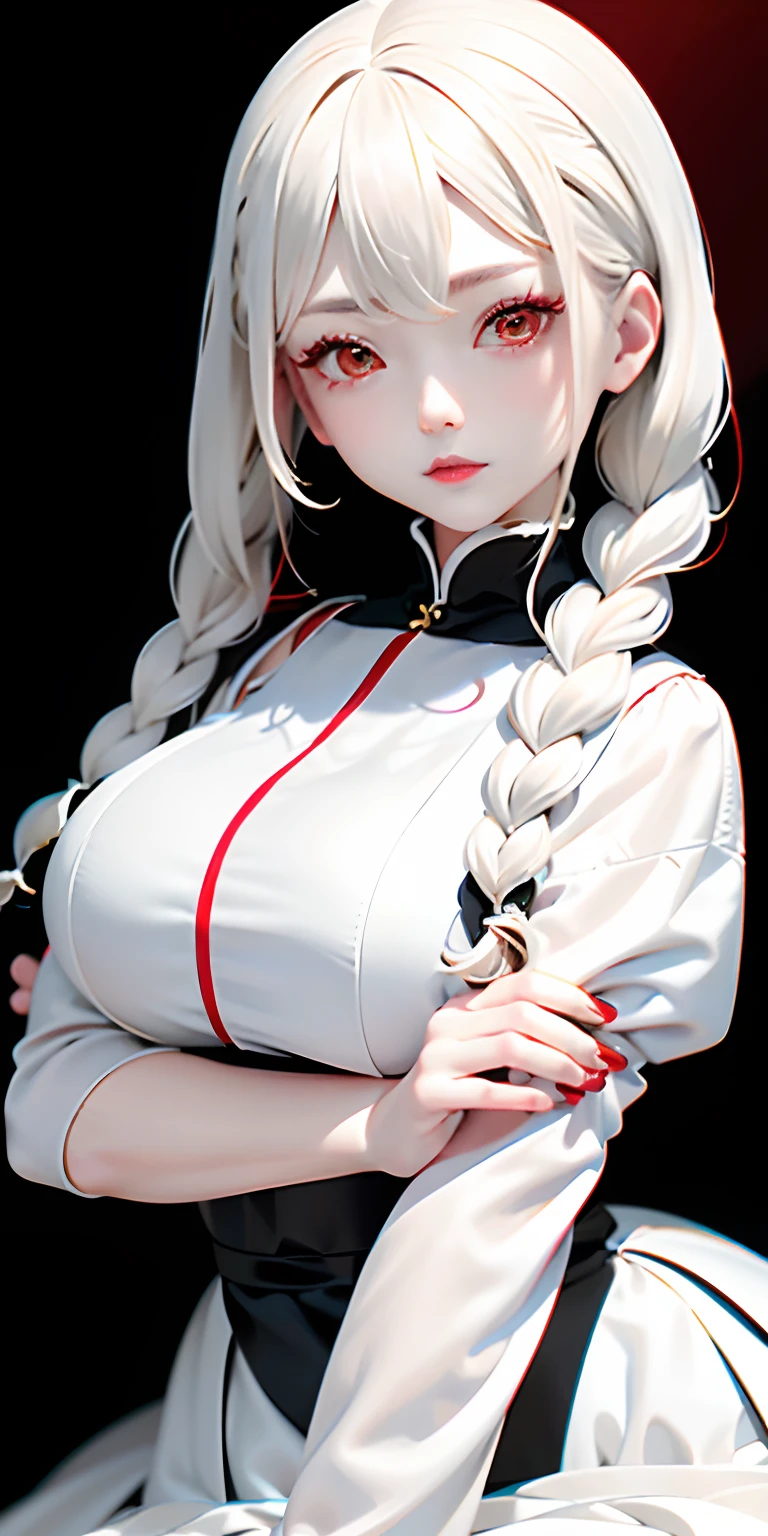 top-quality、masterpiece、1 girl in、black backgrounds、white hair:1.5、Red Eyes、red-lips、white clothes、Black and white world、Black and white world、light skinned、Side braid