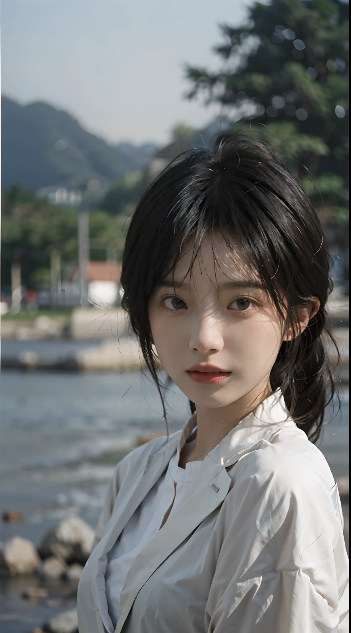 Temperament girl, big breasts, narrow waist delicate facial features, bangs, blue ponytail, messy hair, hair is very realistic, wearing a short-sleeved blue shirt, the background is the sky, sea view, Du Qiong, exquisite makeup, light red lips, big eyes, double eyelids, black holes, bright eyes, symmetrical face, face is very real, meticulously portrayed the girl's face, blush, super high value, looking at the audience, very realistic skin, skin oil reflection, artwork, clothes with real fabric texture, realistic painting, Cinematic style, photography level, ray tracing, realistic light and shadow effects, realism, masterpiece, like the top photography effect, 8K