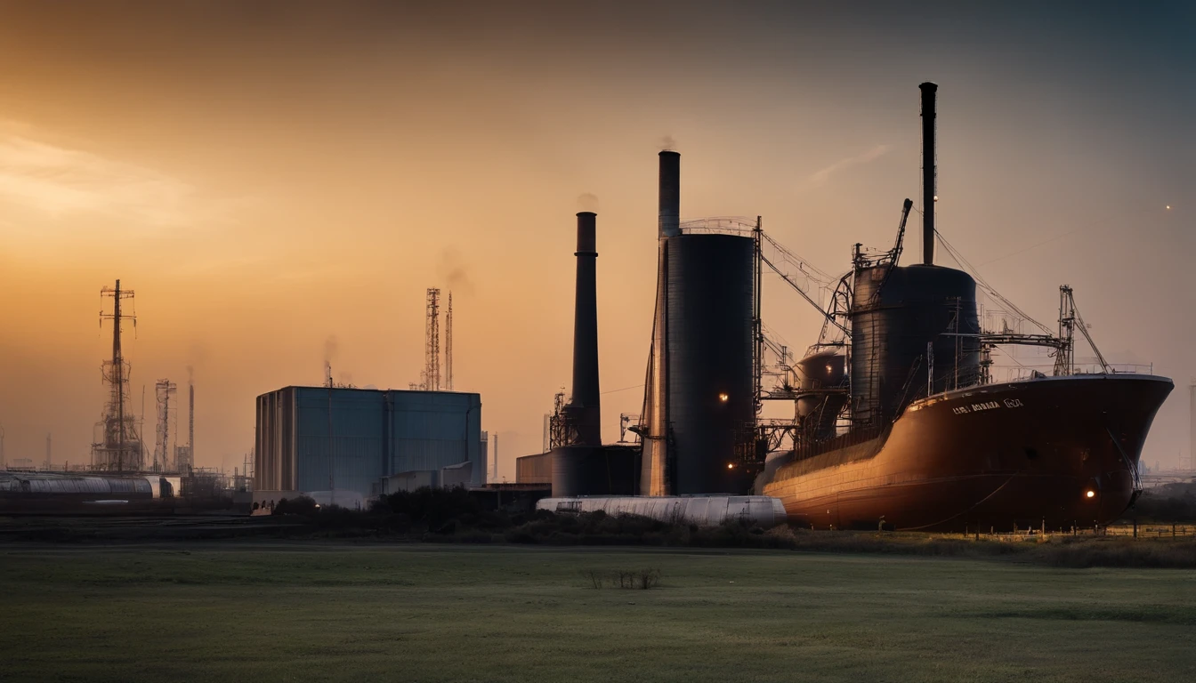 "A peaceful and peaceful night, Bask in a silvery glow. Harmonious moon view，Yellow moon，Homely feeling，(((Several electrical workers ))),The background is a coal-fired power plant，Towering chimneys。