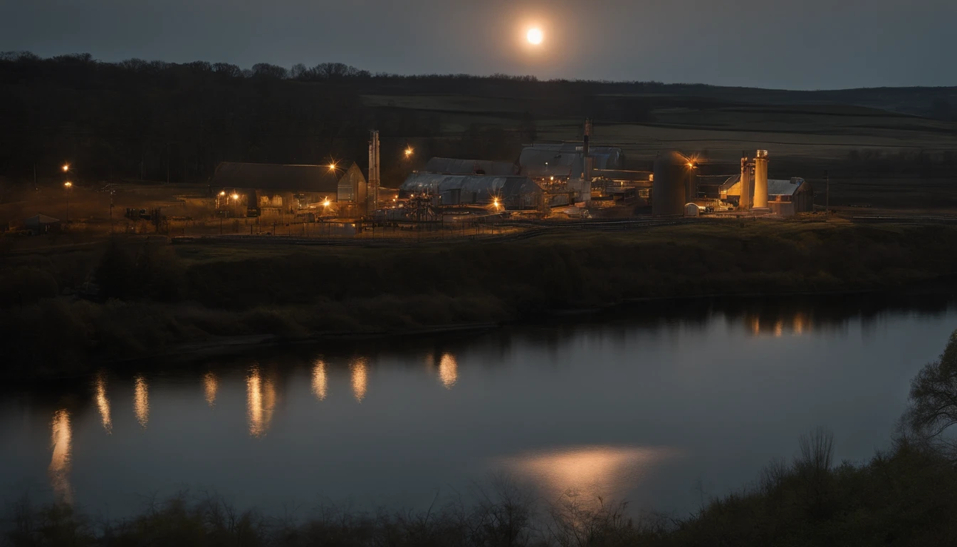 "A peaceful and peaceful night, Bask in a silvery glow. Harmonious moon view,Yellow moon,Homely feeling,(((Several electrical workers ))),The background is a coal-fired power plant,Towering chimneys。