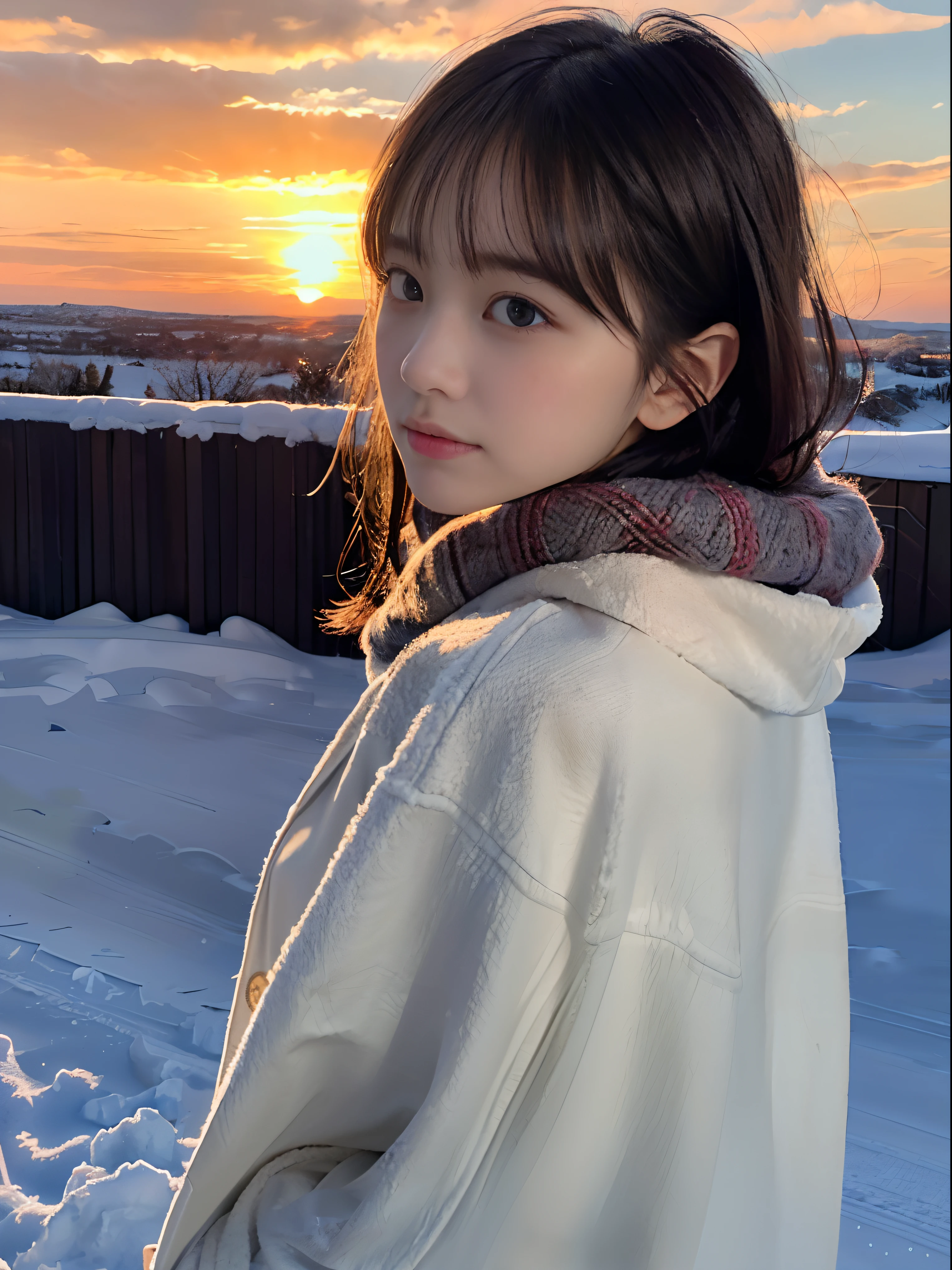 (Close up portrait of slender girl with long hair with dull bangs in winter uniform with winter coat and scarf :1.5)、(The girl looks back with a sad face:1.5)、(Girl's hair fluttering in the wind:1.5)、(Big sunset red sky covered with beautiful snow:1.5)、(Perfect Anatomy:1.3)、(No mask:1.3)、(complete fingers:1.3)、Photorealistic、Photography、masutepiece、top-quality、High resolution, delicate and pretty、face perfect、Beautiful detailed eyes、Fair skin、Real Human Skin、pores、((thin legs))、(Dark hair)