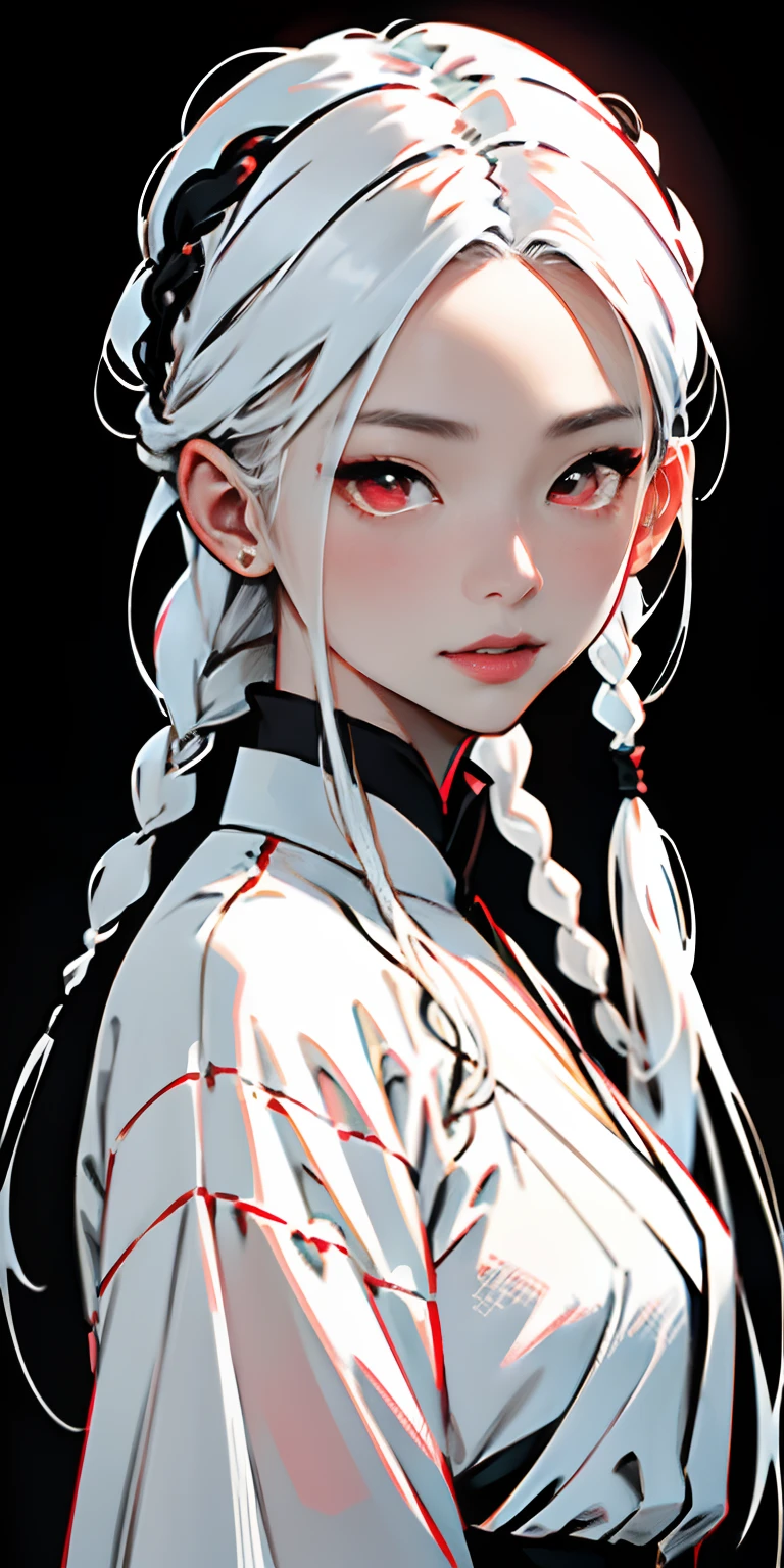 top-quality、masterpiece、1 girl in、black backgrounds、white hair:1.5、Red Eyes、red-lips、white clothes、Black and white world、Black and white world、light skinned、Side braid