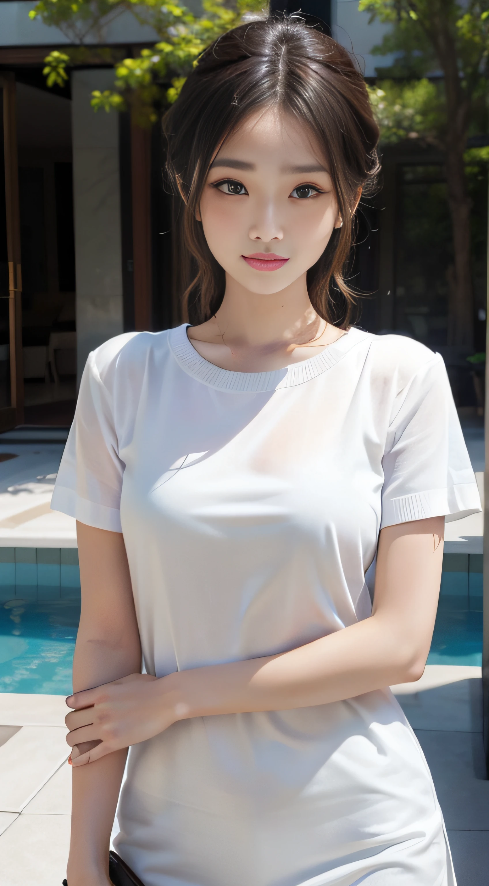 ​masterpiece、Top image quality:1.2、((beautiful young woman with))、Transparent skin:1.2、{A slight smil}、(kawaii)、Transparent short sleeve knit:1.2、luxury hotel、depth of fields、Sharp Focus:1.5、Fine details、the chest is open