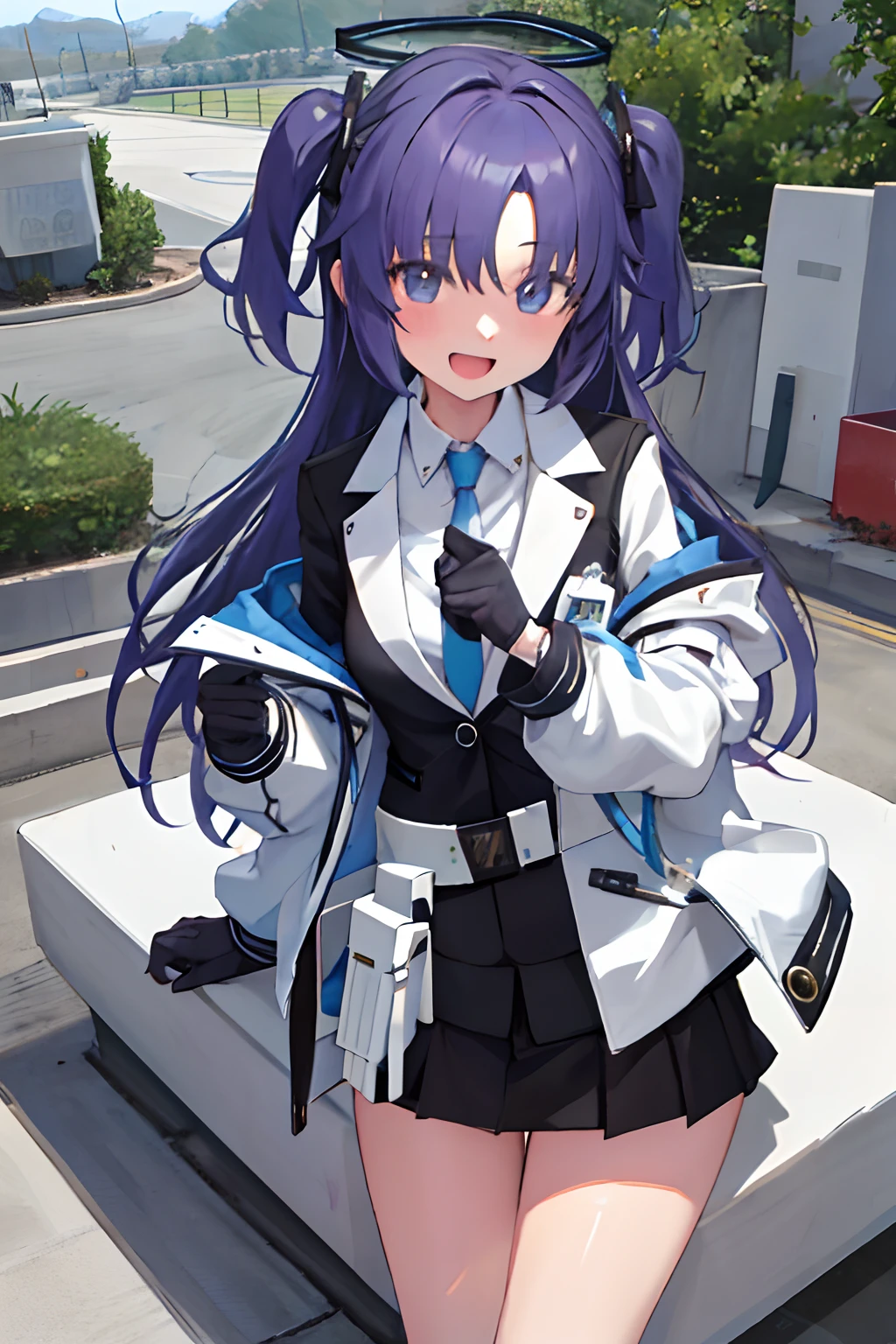 masterpiece, top-quality, ultra-detailliert, 1girl, yuuka, default, white jaket, Black jacke, is standing, Hands on the waist, a miniskirt, open open mouth, The halo, a smile