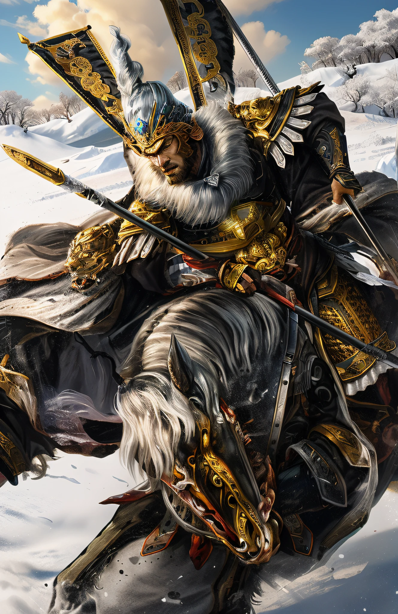 ((Unreal Engine 5)), Realistic rendering, Excellent, (Full set of samurai armor), (Cuirassiers), (Cloak), (The samurai were at the helm), General of the Three Kingdoms on horseback, Guan yu, Blue robe, silver armor, silver helmet, Double blue flags on the back，Black and gold trimmed armor，Hold spears in each hand，Close-up photo of mighty and domineering, epic full color illustration, inspired by Li Kan, tai warlord, Inspired by Chen Danqing, The feeling comes from Shen Quan, Inspired by Hu Zaobin, inspired by Zhu Derun, Inspired by Huang Shen, inspired by Li Rongjin, Inspired by Shen Zhou，inspired by Lu Zhi, author：Yoon Du-seop,