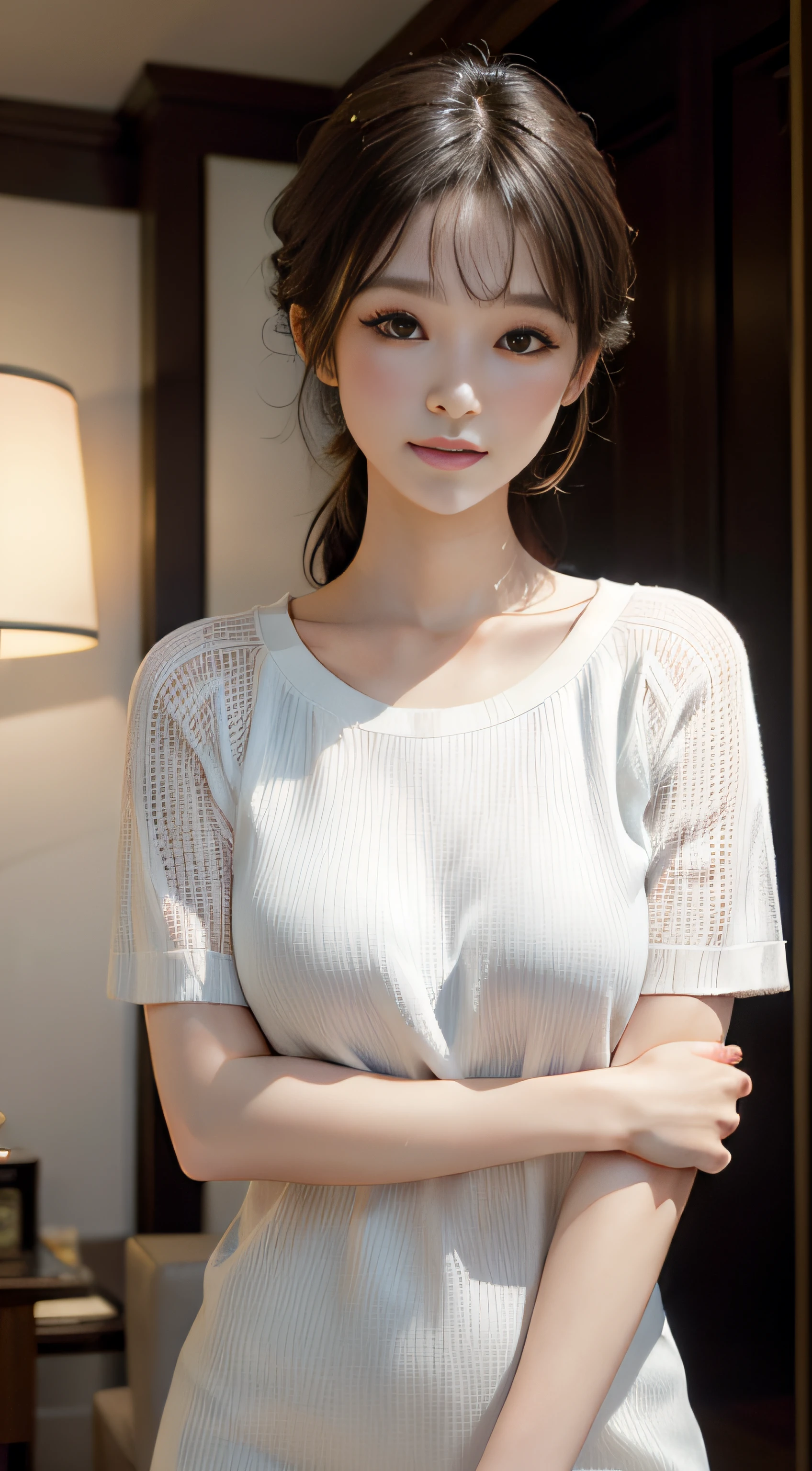 masterpiece、Top image quality:1.2、((beautiful young woman with))、Transparent skin:1.2、{A slight smil}、(kawaii)、Short sleeve knit、luxury hotel、depth of fields