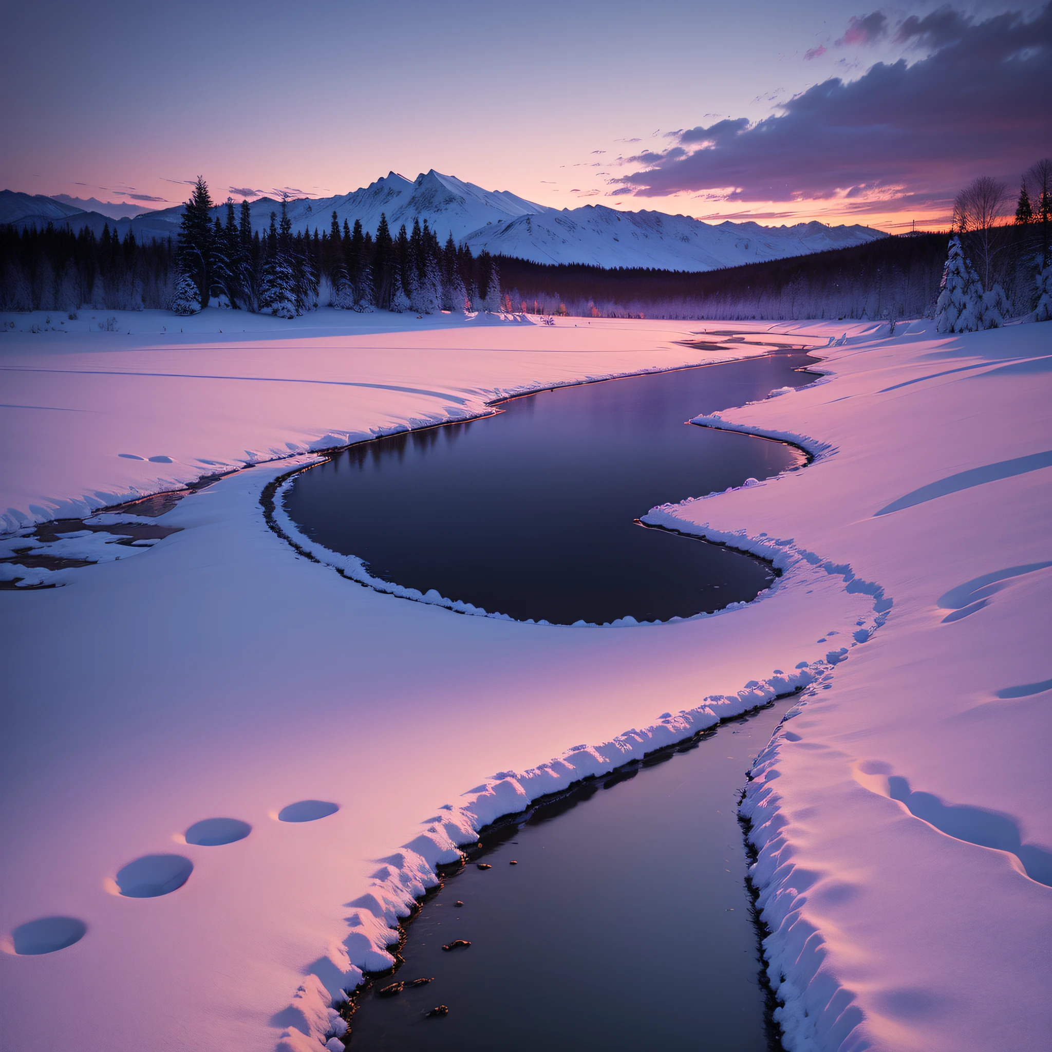 Winter Twilight Tranquility:
The tranquil period between sunset and full darkness, when the sky is painted with hues of purples and blues, blending seamlessly with the snowy surroundings.
