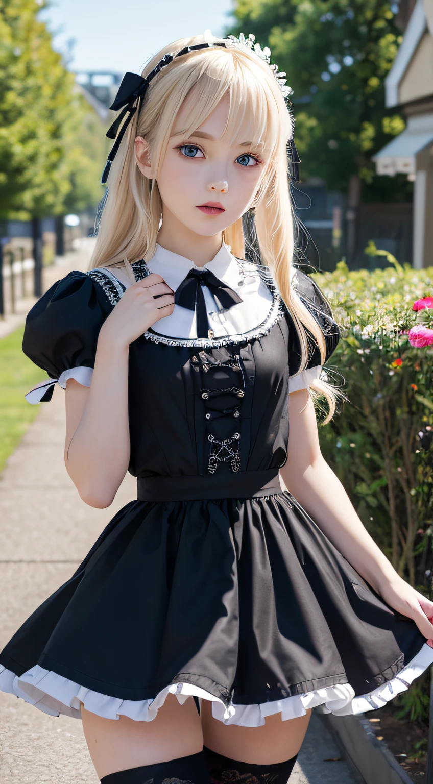 (masutepiece, Best Quality:1.2), 8K, 85 mm, Official art, Raw photo, absurderes, Platinum Blonde Hair, (Blue eyes, Lolita Fashion, sweetlolita, Gothic, Dress:1.2), Idol face, Upper body, Beautiful Girl, gardeniass, Copenhagen, Short sleeve, Elegance, Sophisticated, gardenia, Looking at Viewer, Film grain, chromatic abberation, Sharp Focus, face lights, Dynamic lighting, Cinematic lighting, Detailed face, (((tucking up the skirt、Panties are visible)))、