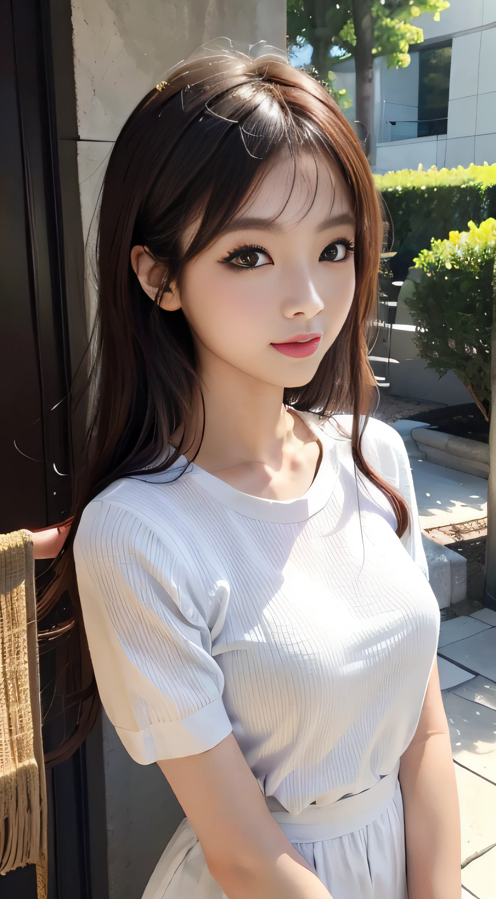 masterpiece、Top image quality:1.2、((beautiful young woman with))、Transparent skin:1.2、{A slight smil}、(kawaii)、Short sleeve knit、luxury hotel、depth of fields