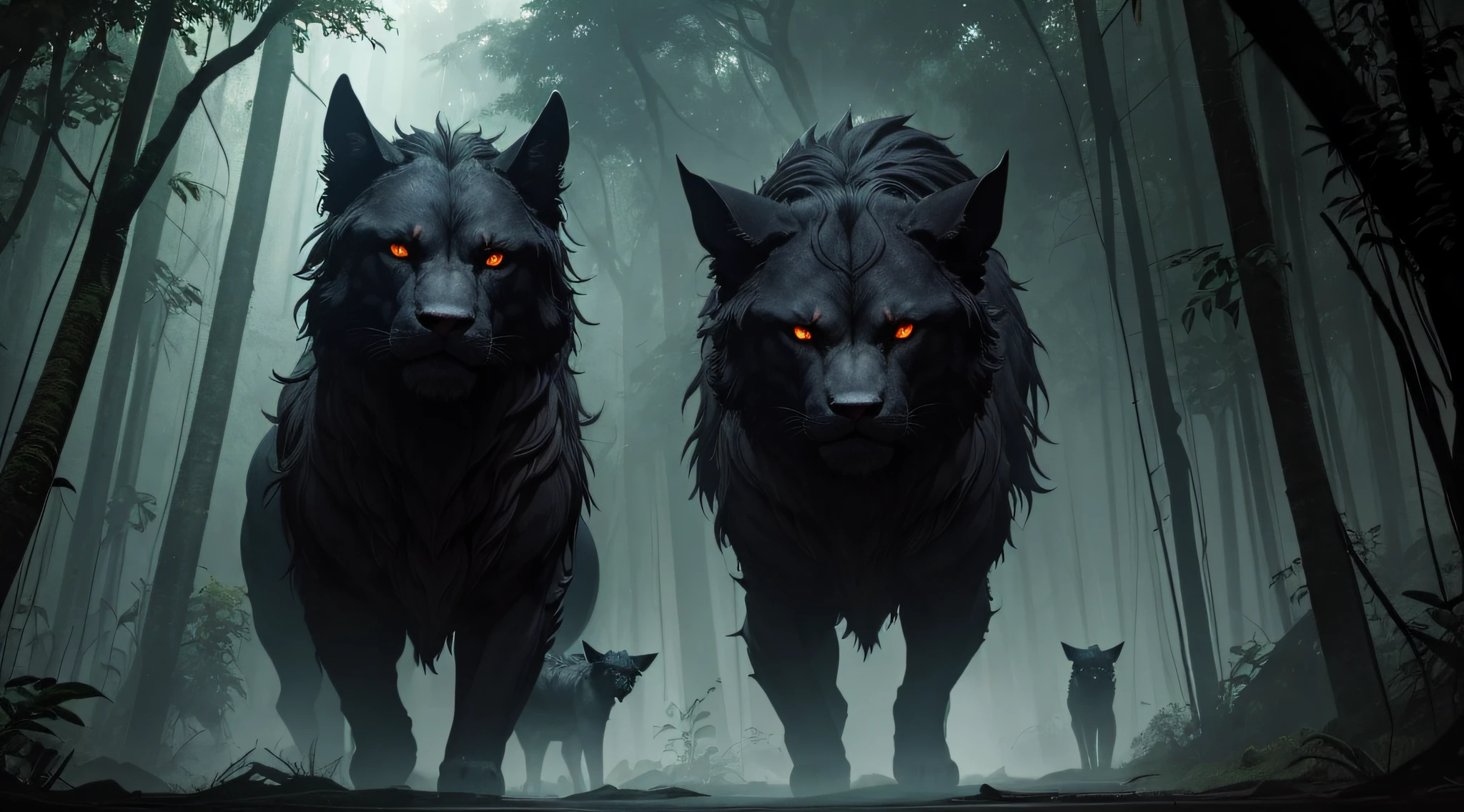 Create an eerie and atmospheric illustration of Cerberus, the three-headed guardian of the afterlife, lurking deep within the Amazon rainforest.