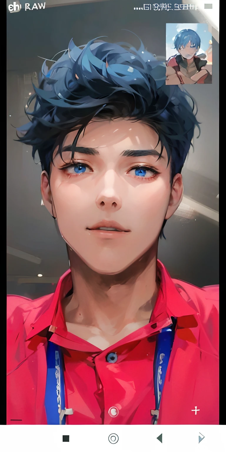 Convert this image is to a manga scene, boy with blue hair, blue eyes, cute boy
