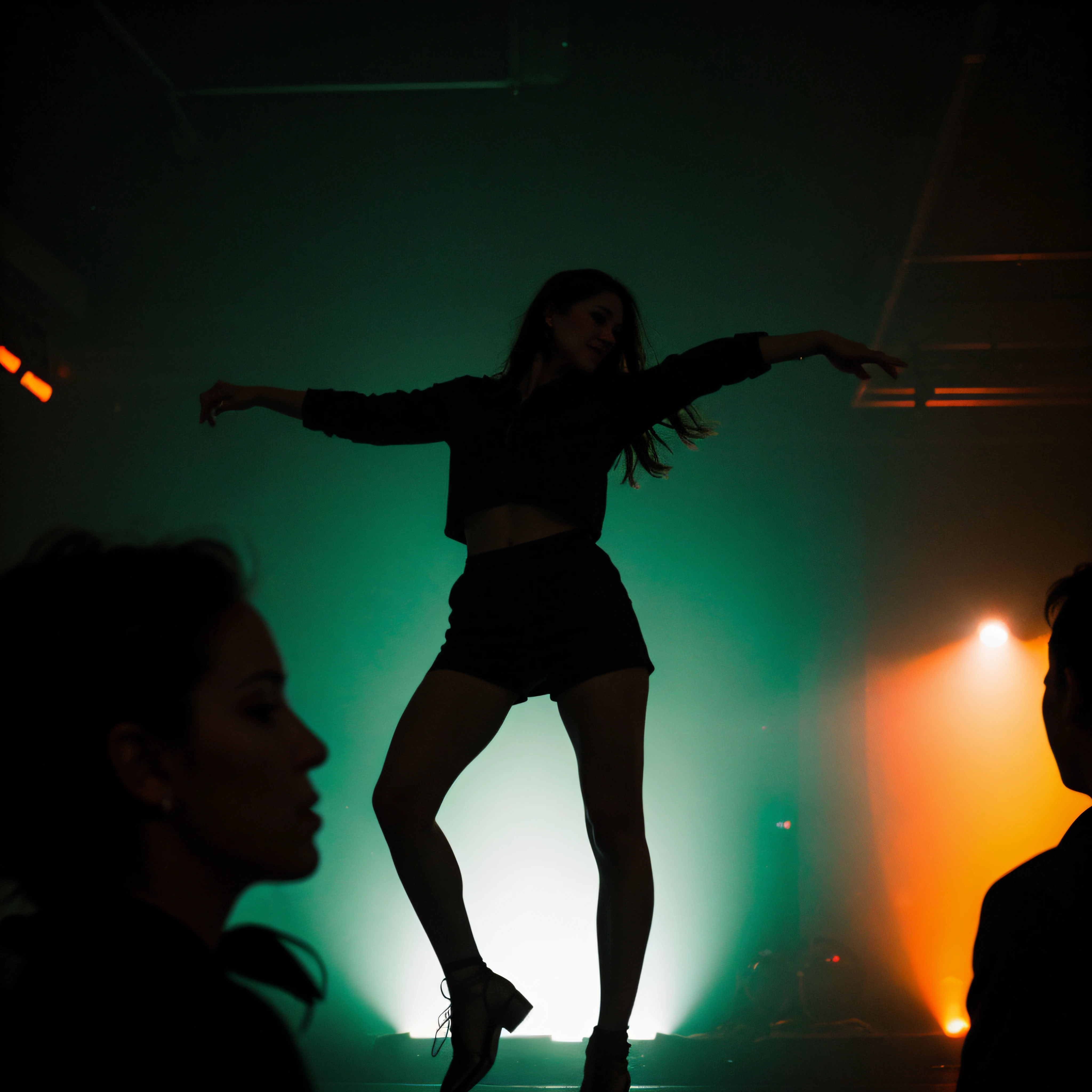 (photograph, depth of field, intricate details, portrait, modern setting), a close-up photograph of a woman dancing in a club, Modern street fashion, (silhouette: 1.3), crowd of people dances around her, dark image, backlight, (contour light:1.3), volumetric fog