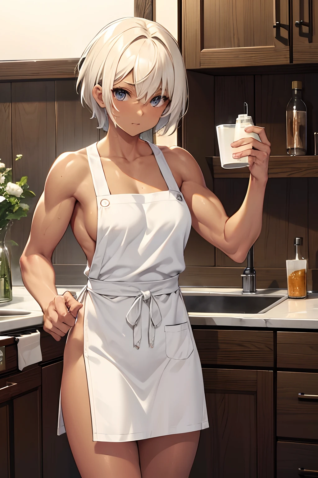 naked apron, toned, muscular, short hair, tanned