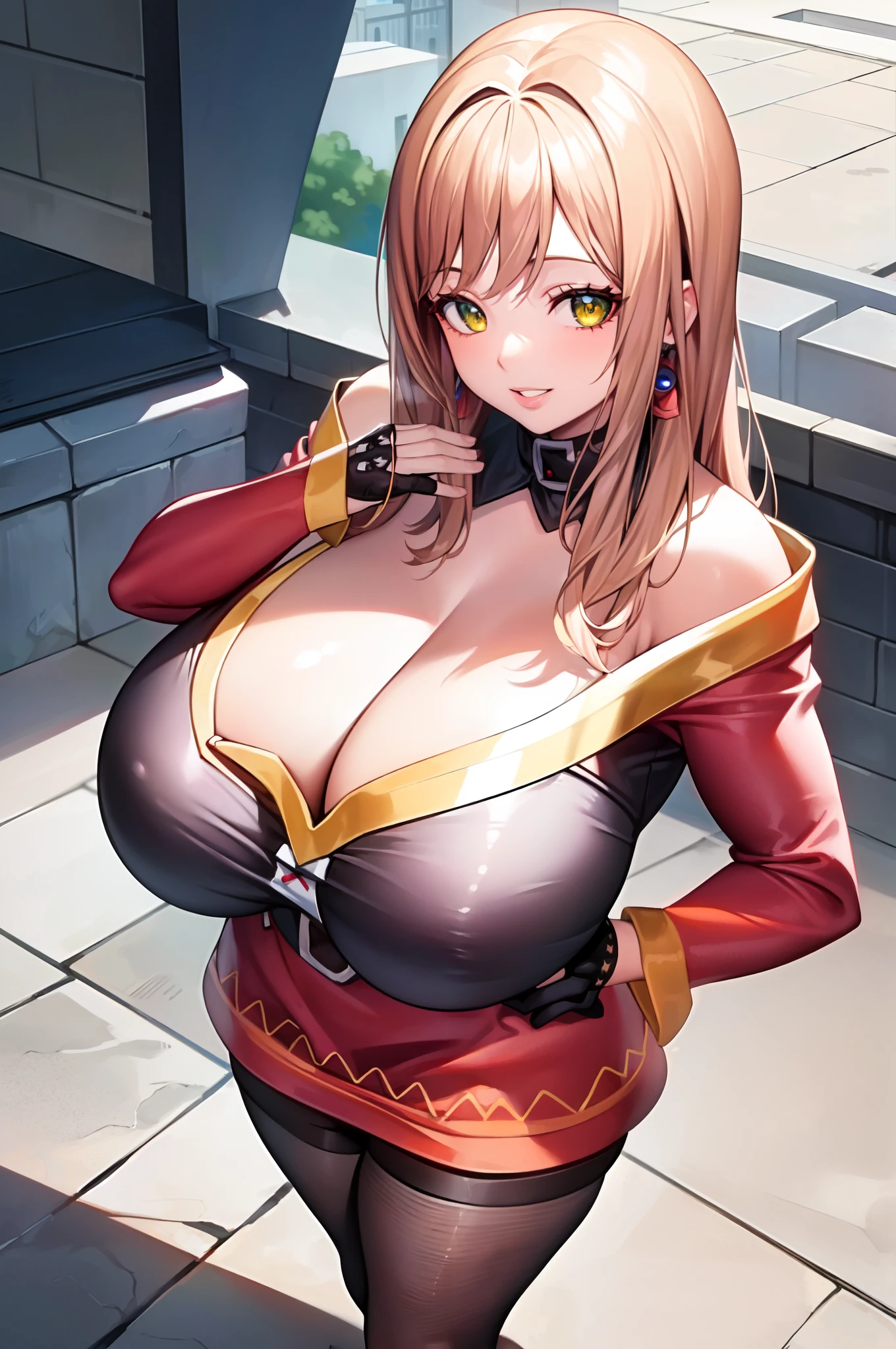 masterpiece, best quality, extremely detailed, 1girl, mature female, solo, emmarnd, (huge breasts:1.3), parted lips, (mgmoutfit), black pantyhose, black gloves, hand on own hip, light smile, looking at viewer, rooftop, morning